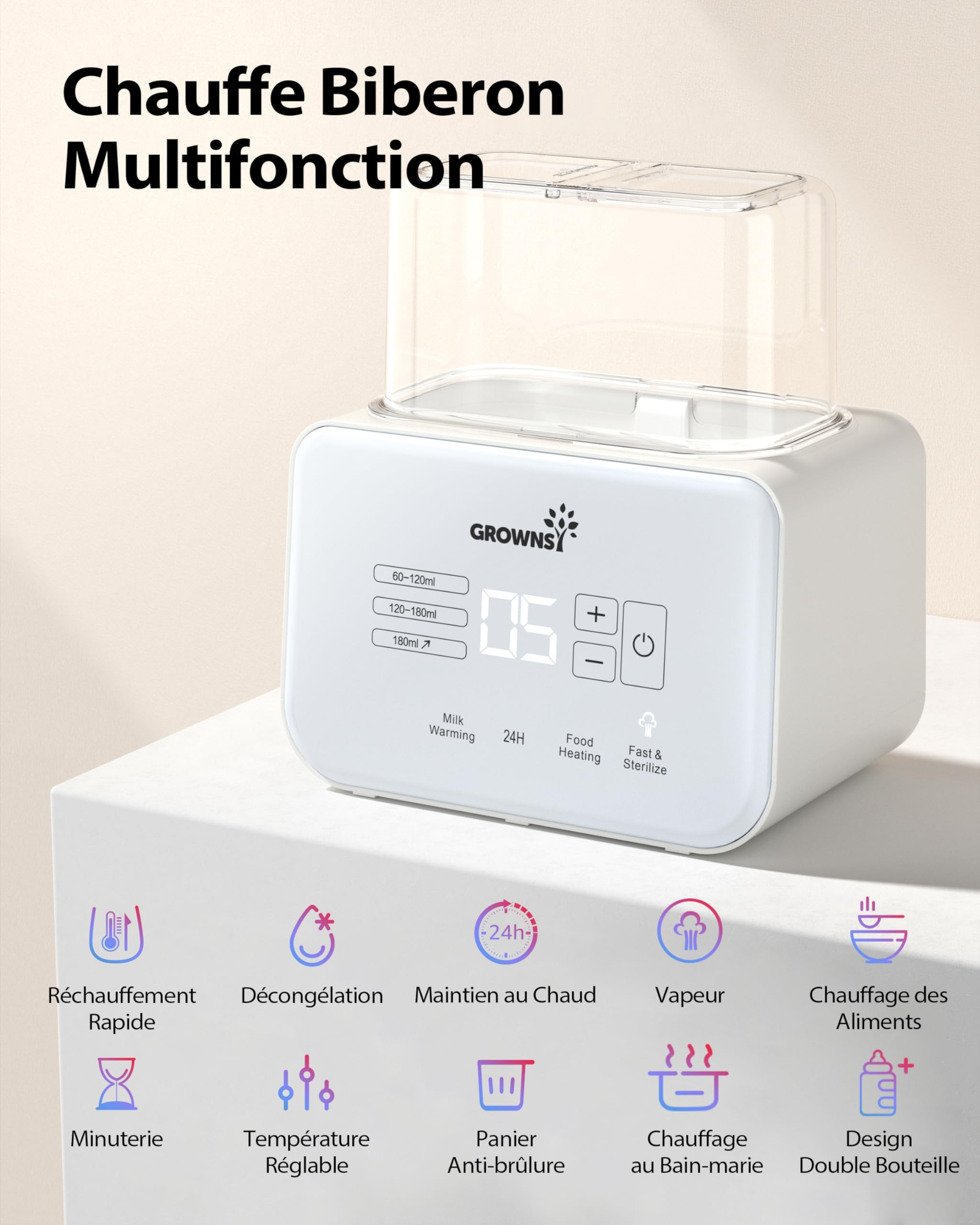 Grownsy Chauffe Biberon Double 9-en-1 avec Fonction de Stérilisation, Écran LCD et Contrôle Précis de la Température, Maintien au Chaud 24H, Décongélation, Chauffe-Petits Pots, Sans BPA