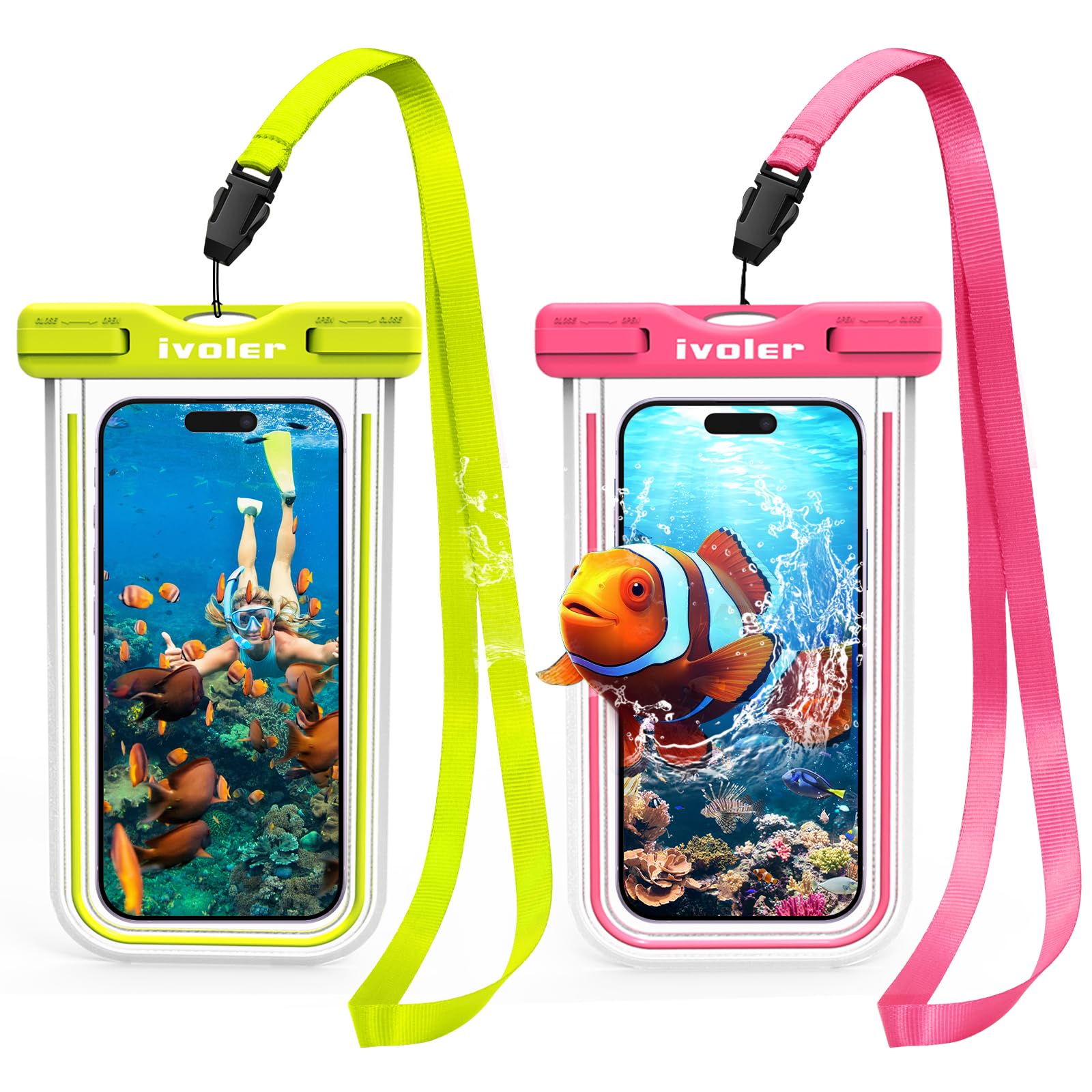 iVoler [2 Pezzi Custodia Impermeabile Smartphone IPX8, Sacchetto Impermeabile Cellulare fino a 7.0'', Universale Cover Subacquea per iPhone 17/16/15 Pro Max, Samsung Galaxy, Xiaomi (Verde+Rosa)
