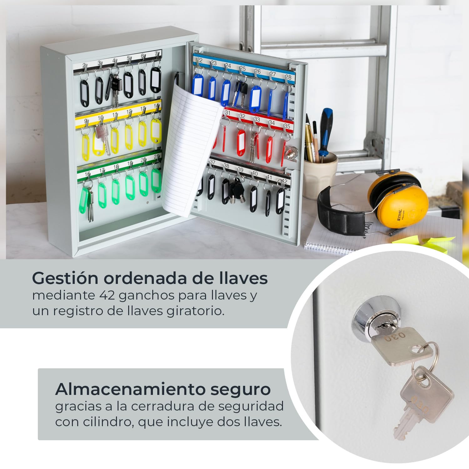 HMF Armario para Llaves de Acero, Caja de Llaves con Cerradura para Oficina, administración o Flota de vehículos | 42 Ganchos para Llaves | 35 x 27 x 8 cm | Gris Claro
