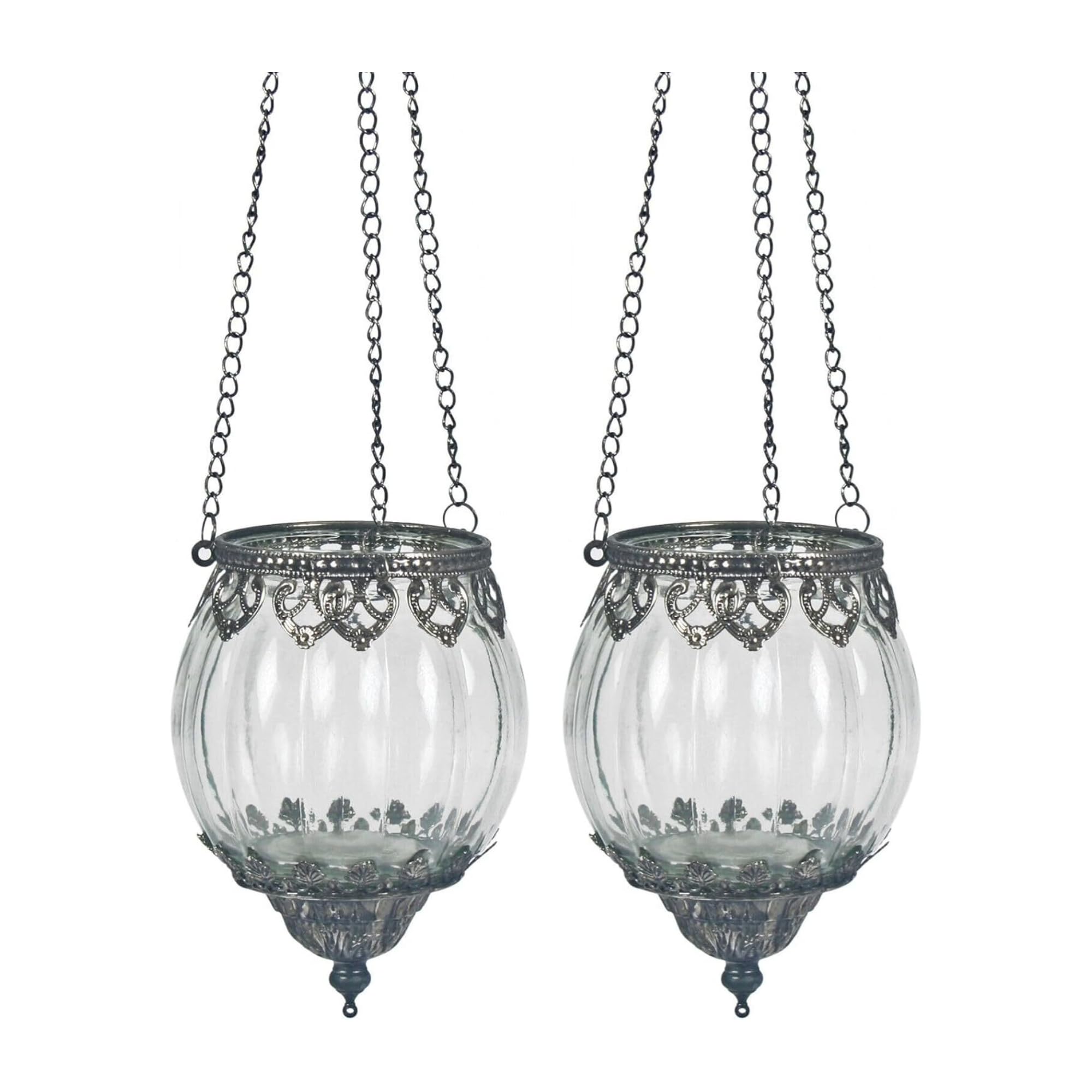 Fyne-Finds Glass Hanging Ribbed Tea Light Candle Holder Moroccan Lantern Home Decor Metal (2)