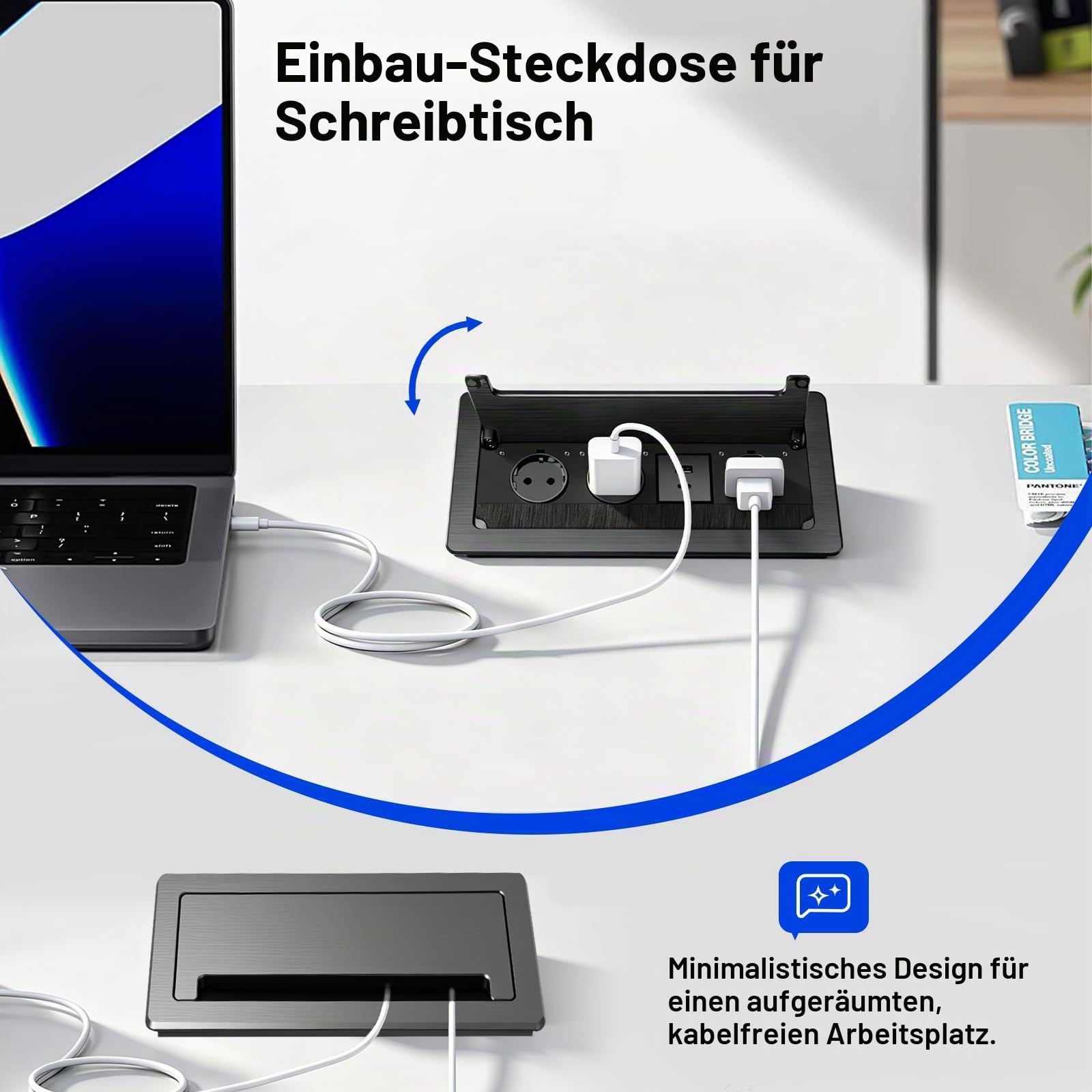Versenkbare Steckdose 3-Fach mit Deckel, 2 USB-C PD 30W Schnellladung, Tischsteckdose mit Bürstendichtung für Konferenztisch, Arbeitsplatte & Büro, 1,8 m Kabel, Schwarz