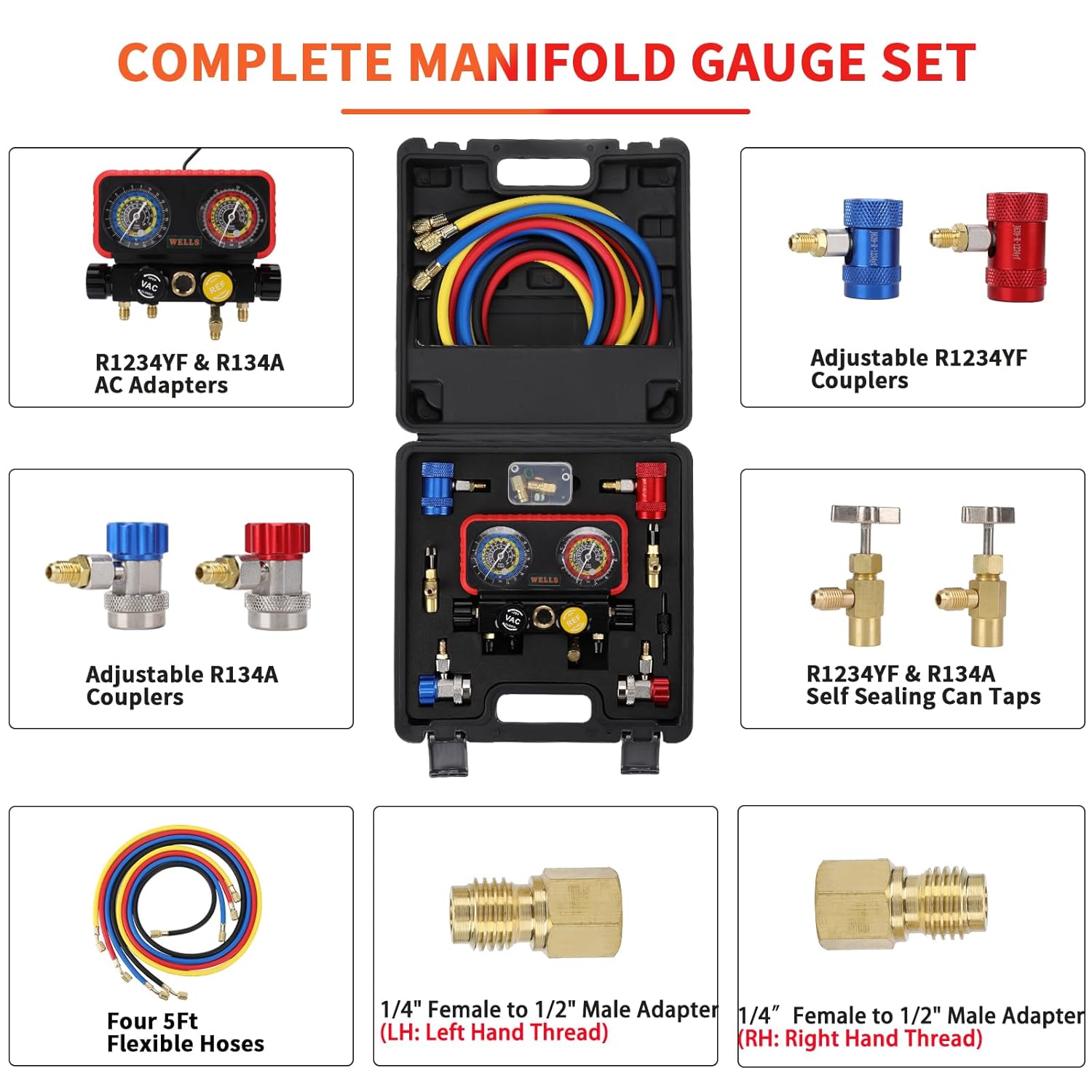 Wells AC R1234YF Gauge Set 4 Way AC Manifold Gauge Set R1234YF R134A R404A Only 1/2 Acme Refrigerant HVAC Tools with 5ft Hoses, Couplers Puncture, Can Tap, Works on Car Freon Charging and Evacuation