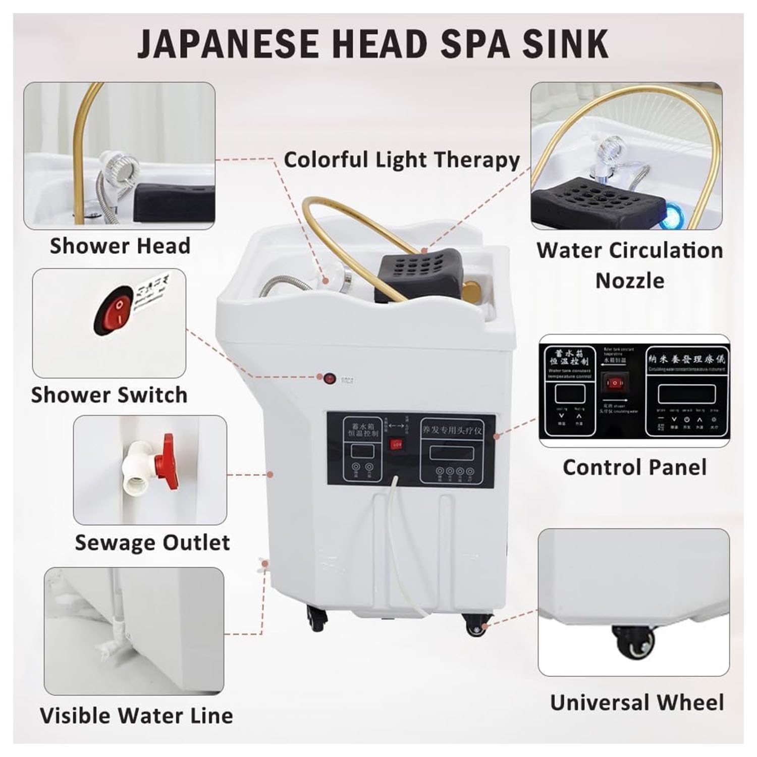 SPA Japonés lavacabezas SPA Capacidad Almacenamiento Agua 60 L Portable HeadSpa Equipment Cama de Champú de Masaje Lavabo de Champú de Circulación Agua Lavabo Champú Diseño Salones