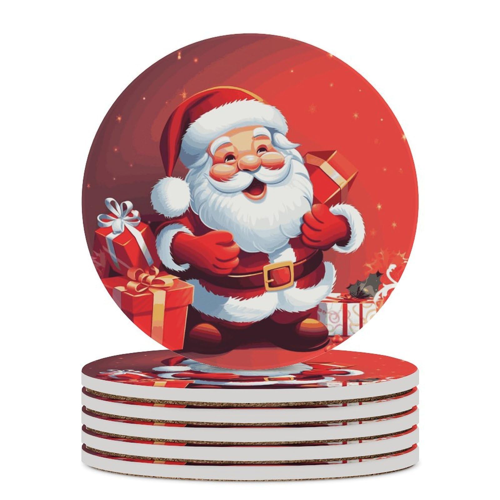 Khauerbc Style Santa Claus Xmas Gifts Drink Coasters With Holder For Coffee Table,Ceramic Coaster With Cork Base,Ceramic Stone Coaster For Iced Cold Or Hot Drinks,4.1 Inches