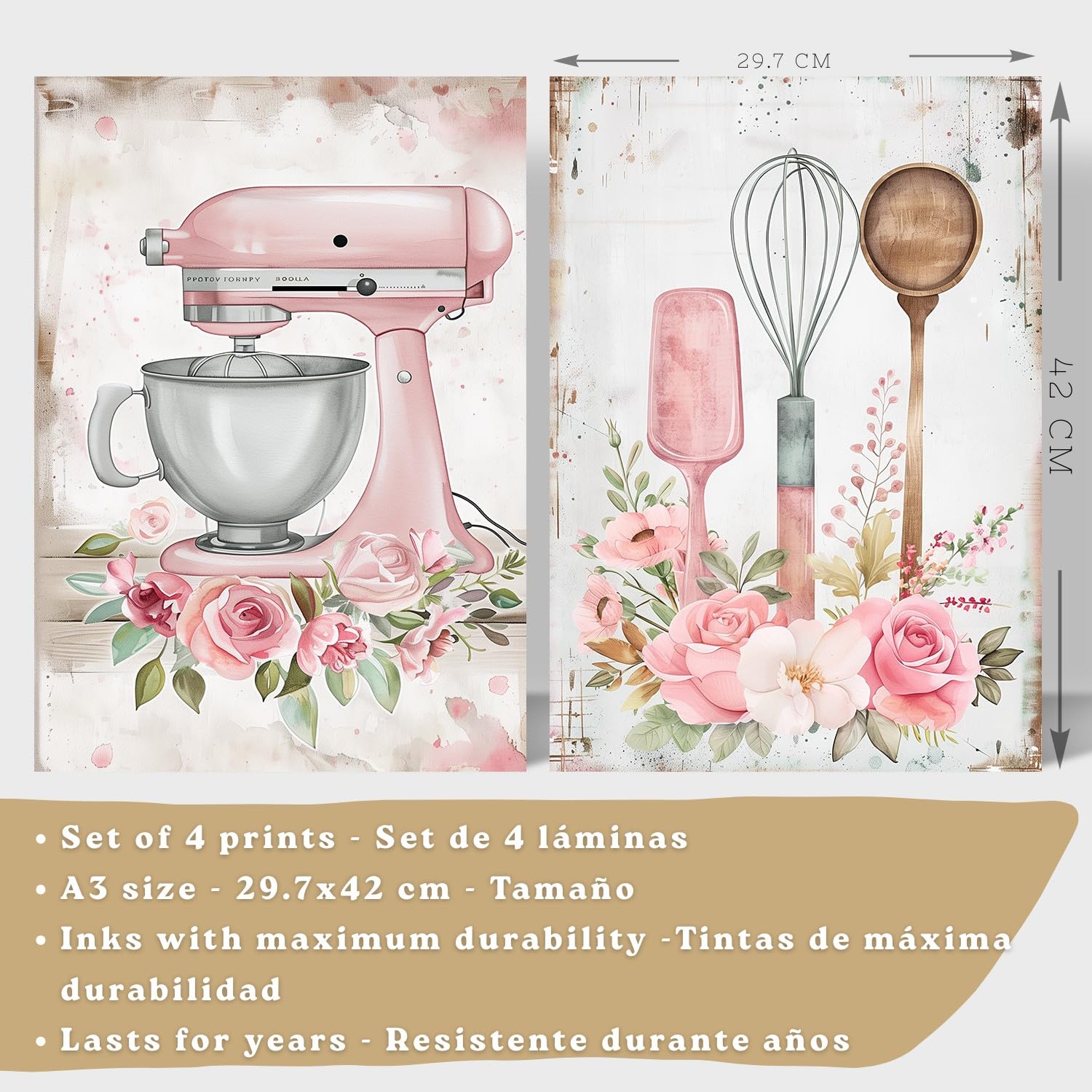 Nacnic Set De 4 Láminas Repostería Rosa Shabby Chic Cuadros Cocina Utensilios Tarta Y Flores Romántico Póster Decoración Pared A3 Marco Blanco