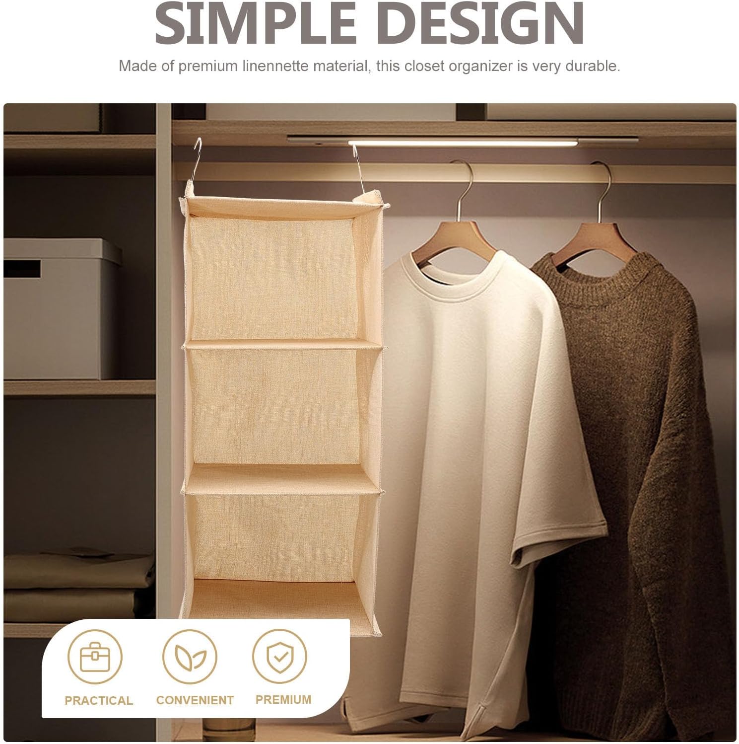 Hanging Closet Organizer Linenette and Stainless Steel Clothes Storage Bag 3-Layer Beige with Delicate Stitching and Smooth Surface for Small Wardrobe Organization