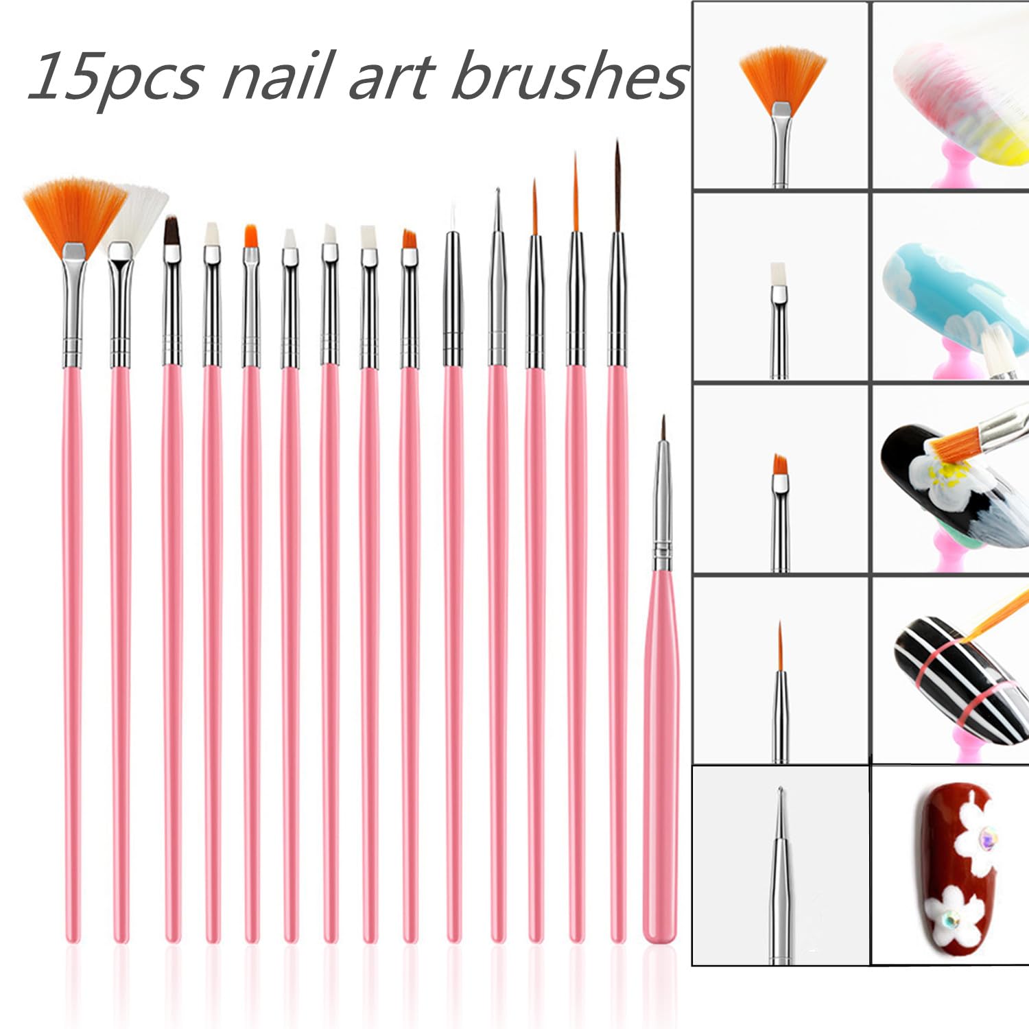FULINJOY Lot de 21 pinceaux pour nail art, 1 palette de nail art en résine, 5 stylos pointillés pour nail art, 15 pinceaux de nail art, palette de mélange de vernis à ongles, stylo double face