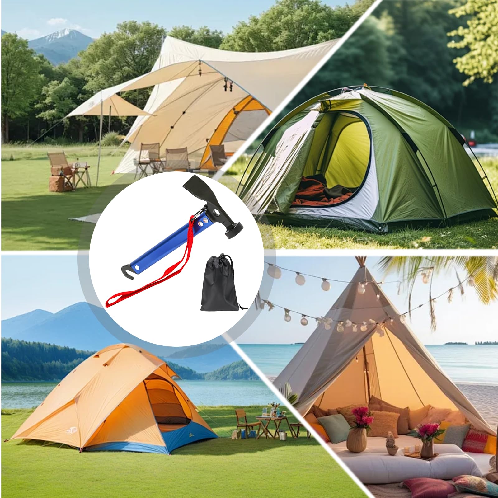 Marteau de camping 30,5 cm, marteau de camping avec crochet et mini-pioche, marteau en aluminium, marteau multifonctionnel pour piquets de tente avec sac de rangement (Bleu)