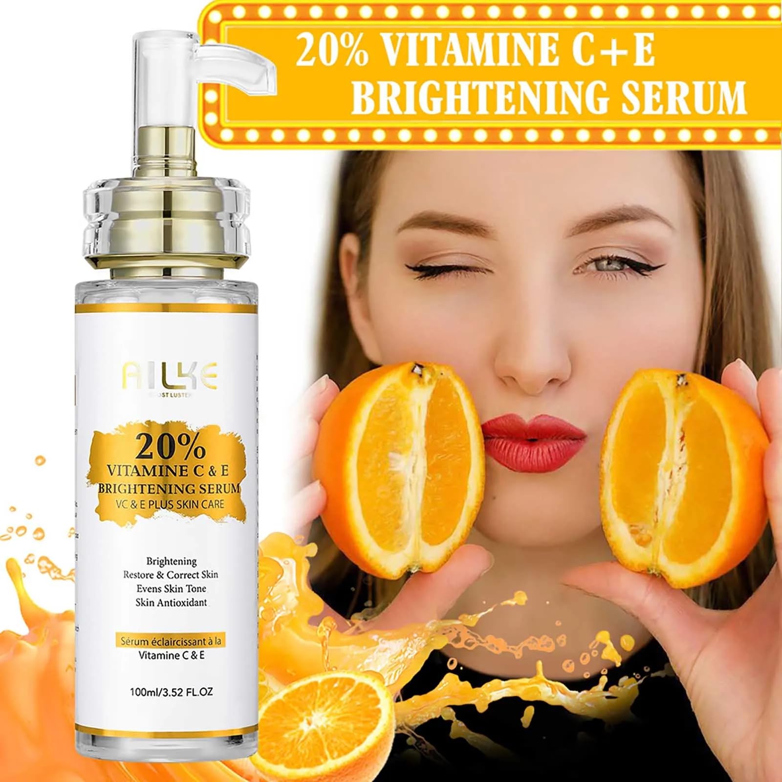 AILKE Witamina C & E super rozjaśniające skoncentrowane serum, wybielające, nawilżające, oczyszczające skórę, redukuje ciemne plamy, z niacynamidem, gliceryną, do twarzy, ciała, 100 ml (3 sztuki)