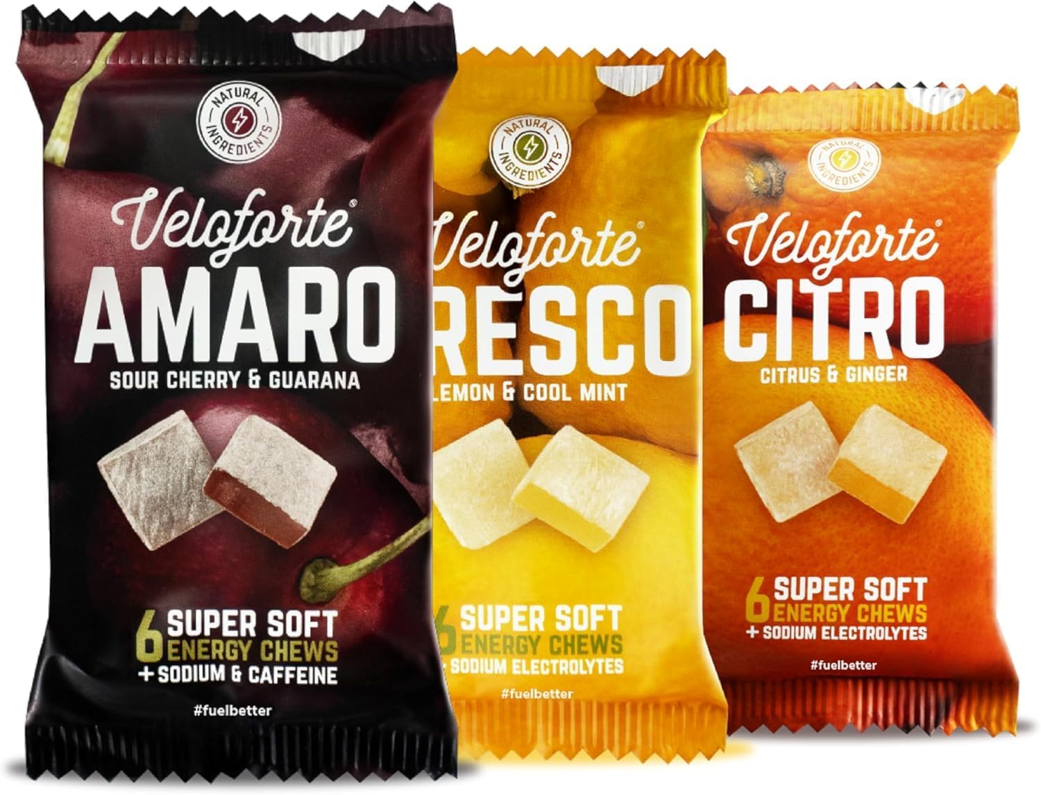 Veloforte Mixed Energy Chews For Running, Cycling, Triathlon | Powerful natural ingredients. Great taste, melt-in-mouth clean alternative to shots or gummies | Variety | Amaro, Citro & Fresco |3-pack
