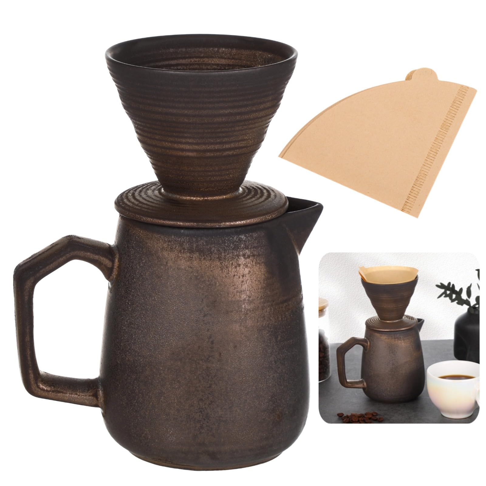 Bosreroy Pour Over Coffee Maker Set with 100 Filter Papers, Classic Ceramic Dripper, 620 Ml Capacity, Ideal for Home Or Office Use
