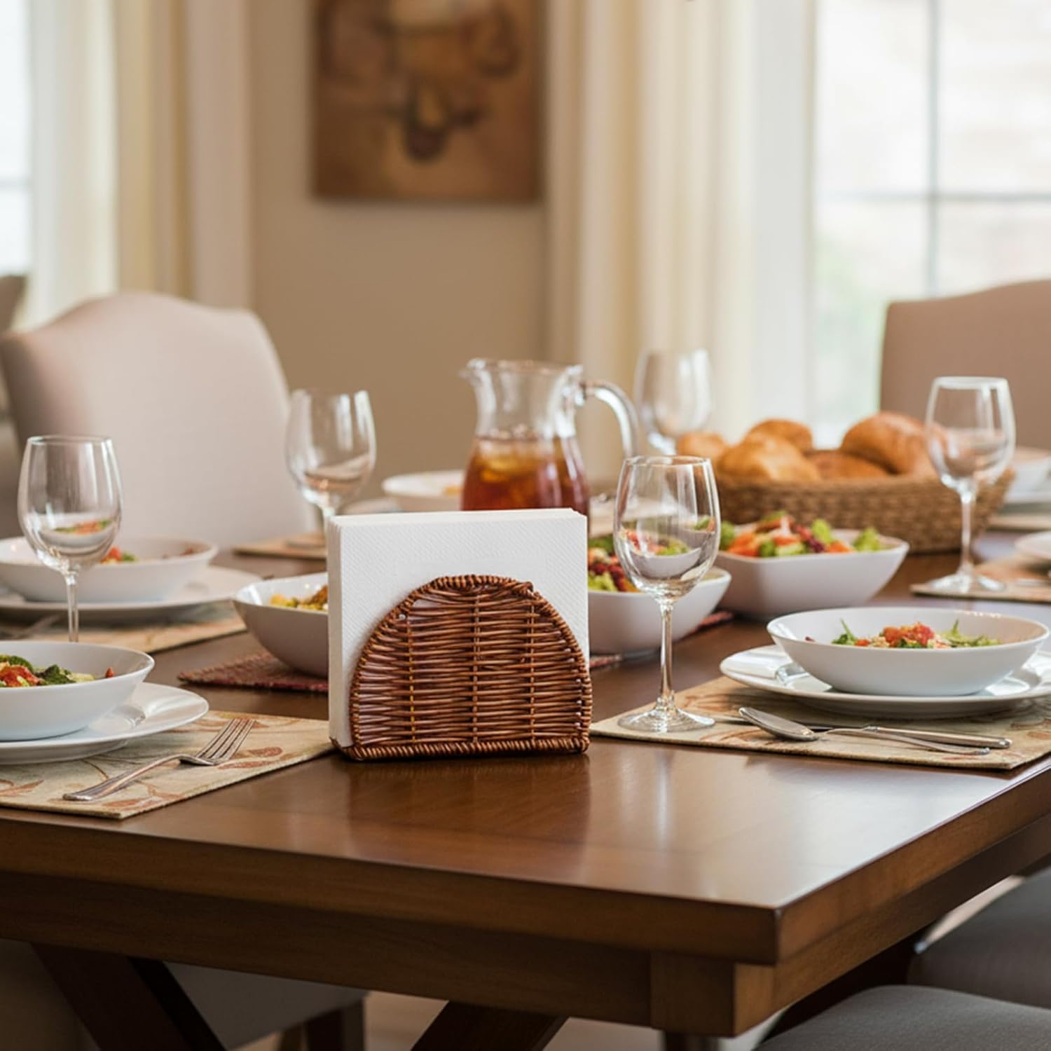 Rattan napkin holder for table, Standing dining Cocktail napkin dispenser for Party, kitchen table decor, 6.1"L x 2.36"W x 4.13"H - Image 2