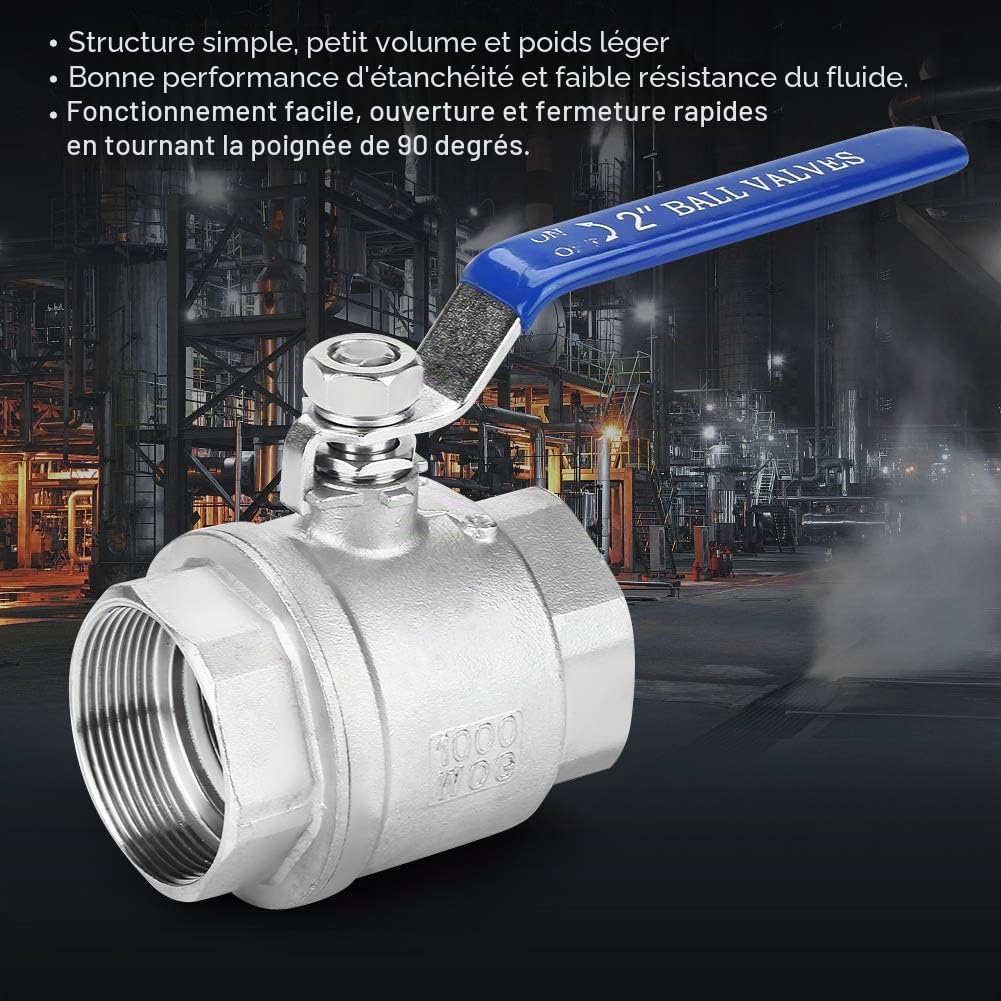 Vanne à Boule à Filetage Femelle 304 Acier Inoxydable 2 Pouces DN50 - Port Complet 1000psi WOG - Deux Pièces à Levier Manuel Bleu