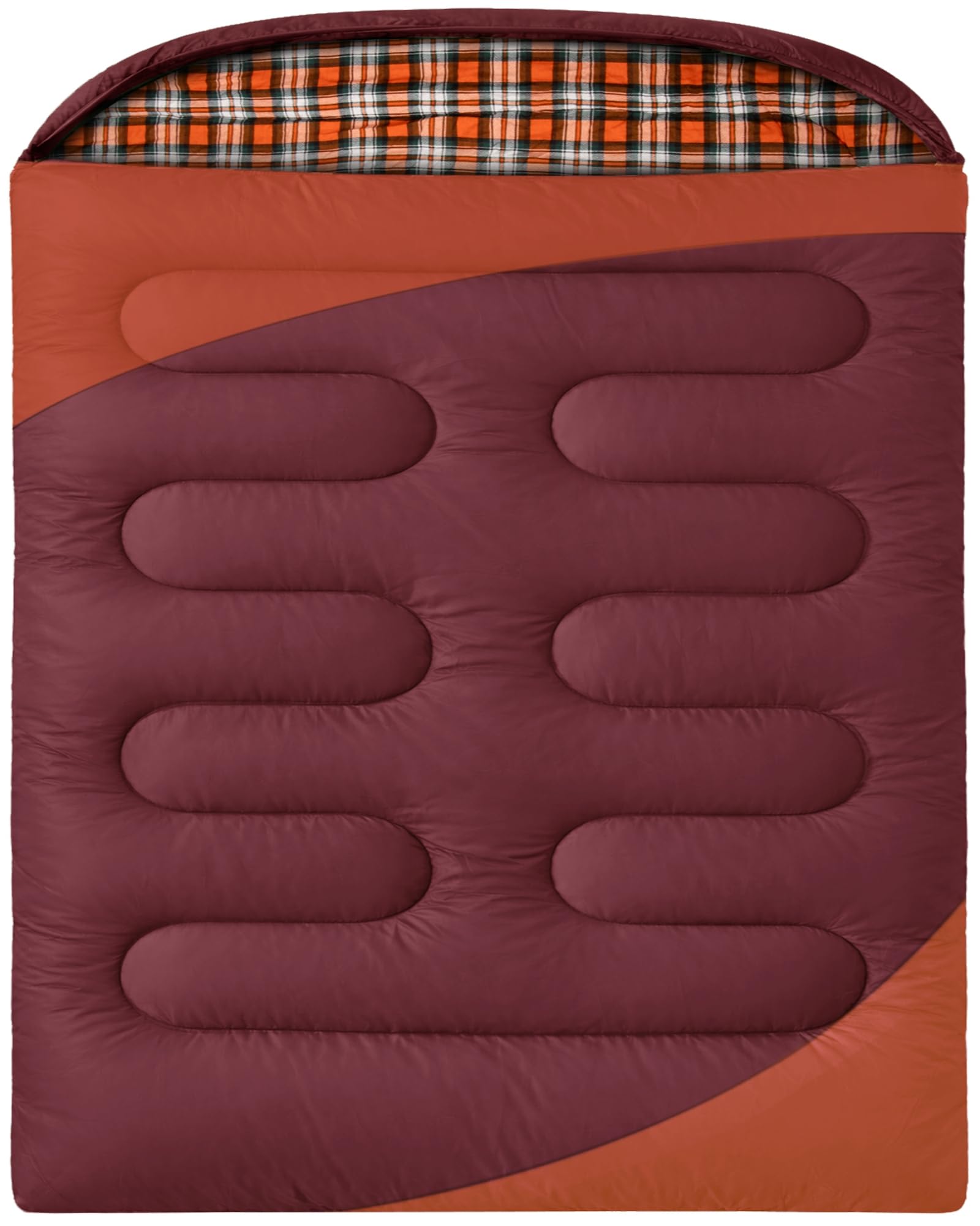 WERTYCITY Double Sleeping Bag for Camping Backpacking Travel Splits into 2 Singles or Blankets Lightweight 50-68°F Queen Size Flannel with Hood, Compression Sack, Red/Orange