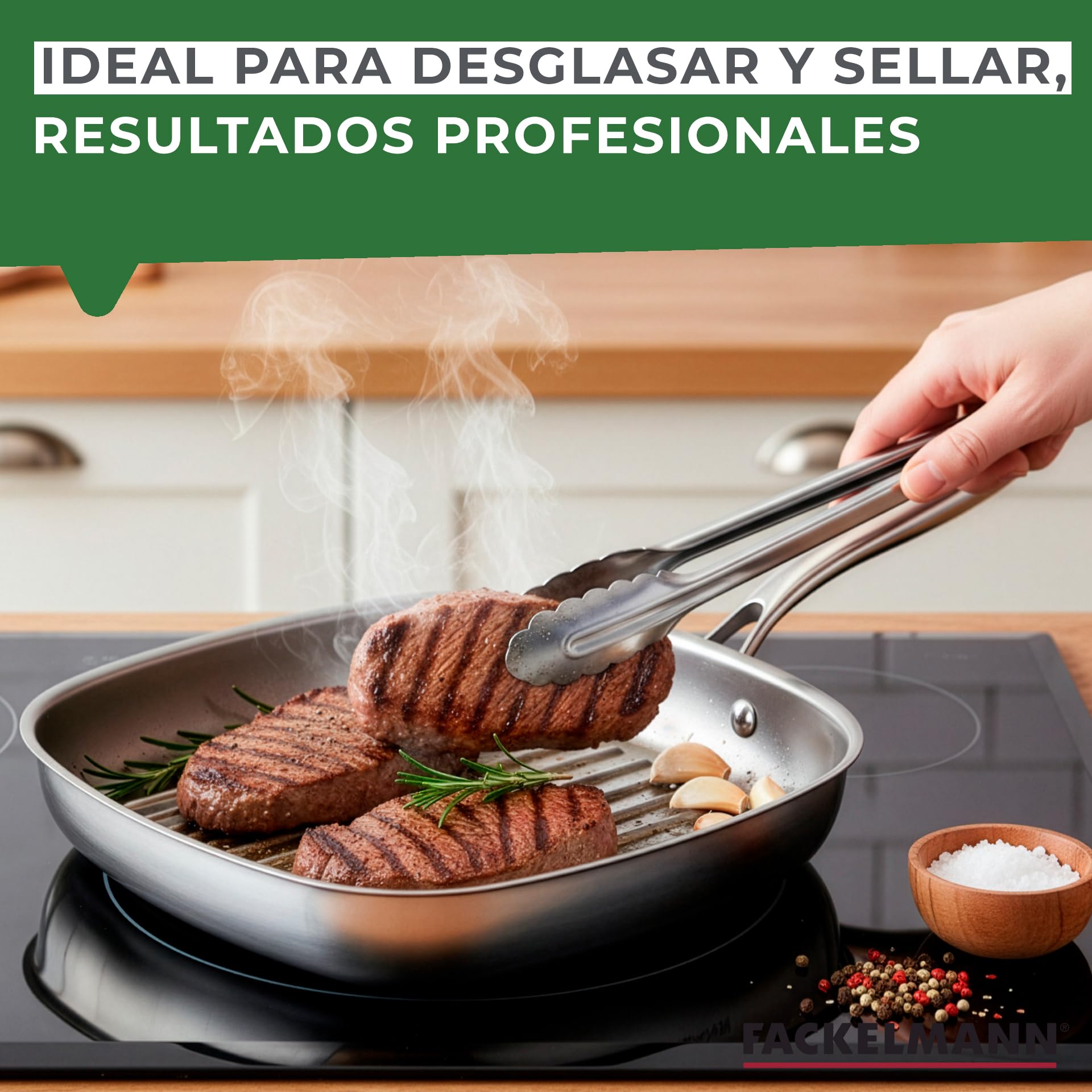 Fackelmann Vita3 Sartén Grill de Acero Inoxidable 28 cm, Acero Inoxidable Triply con Triple Fondo Difusor, Sin Antiadherente, Sin PFA, Apta para Inducción, Gas, Vitro y Horno, Apto Lavavajillas
