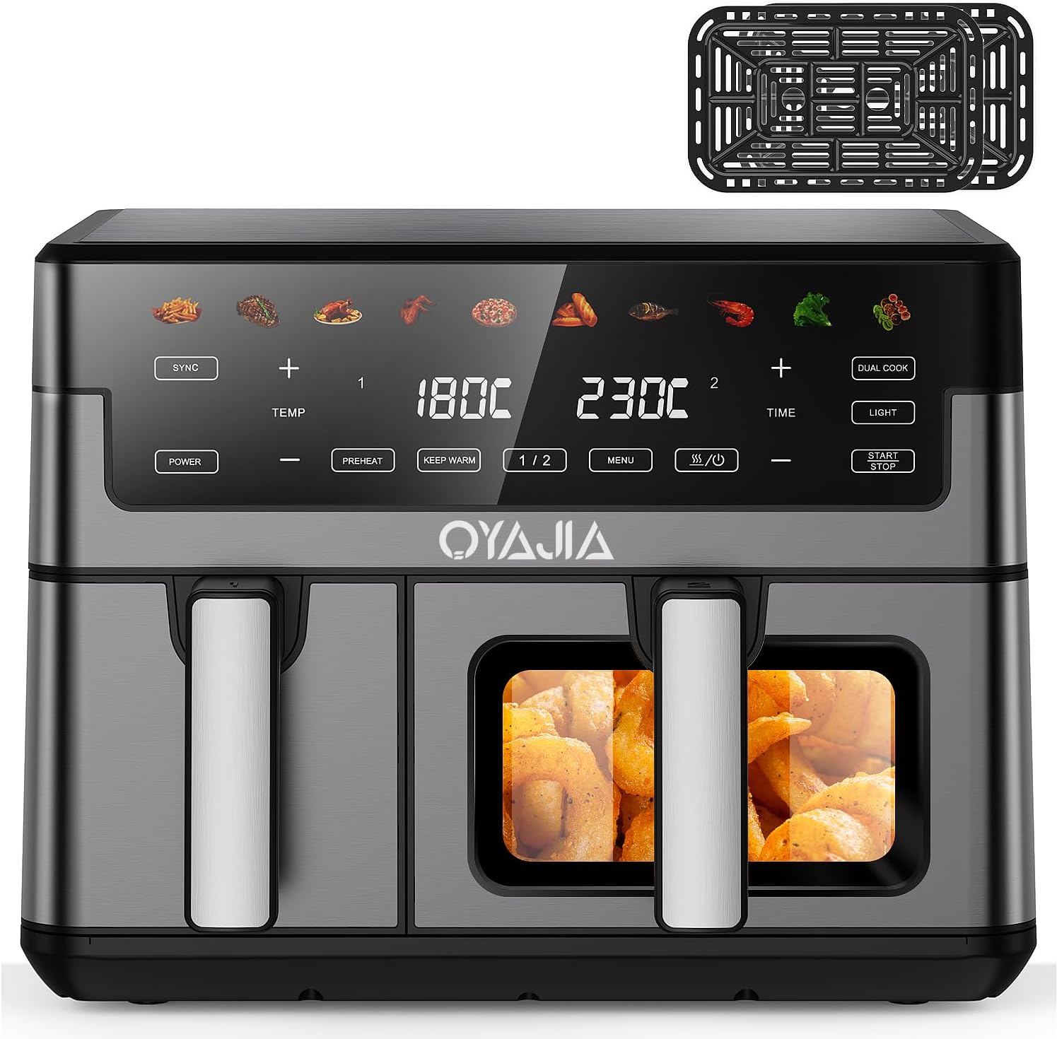 OYAJIA 10L dual basket air fryer with two independent drawers and digital touch control panel in black