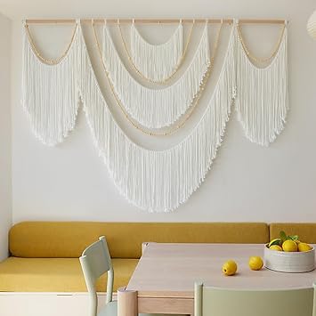 Flber Large Macrame Wall Hanging Boho Yarn Art Garland with Tassels and Beads, Handmade Rope Decor for Nursery, Party, Wedding, Bedroom, Fireplace Mantel, or Photo Backdrop 57 W x 41 L