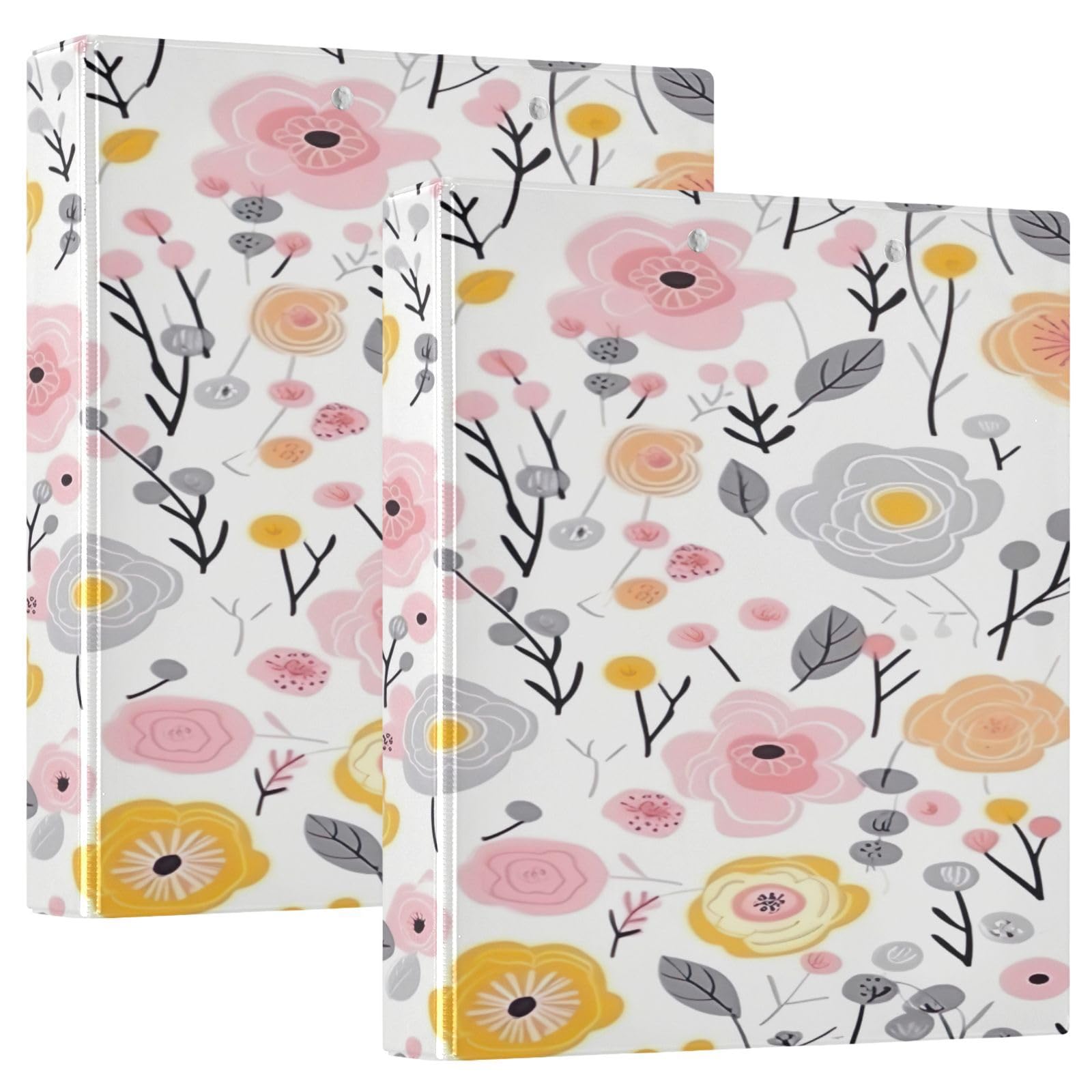 Lot de 2 classeurs ronds décoratifs à 3 anneaux de 3,8 cm avec clip en métal et fleurs à ressort pour la maison et le bureau