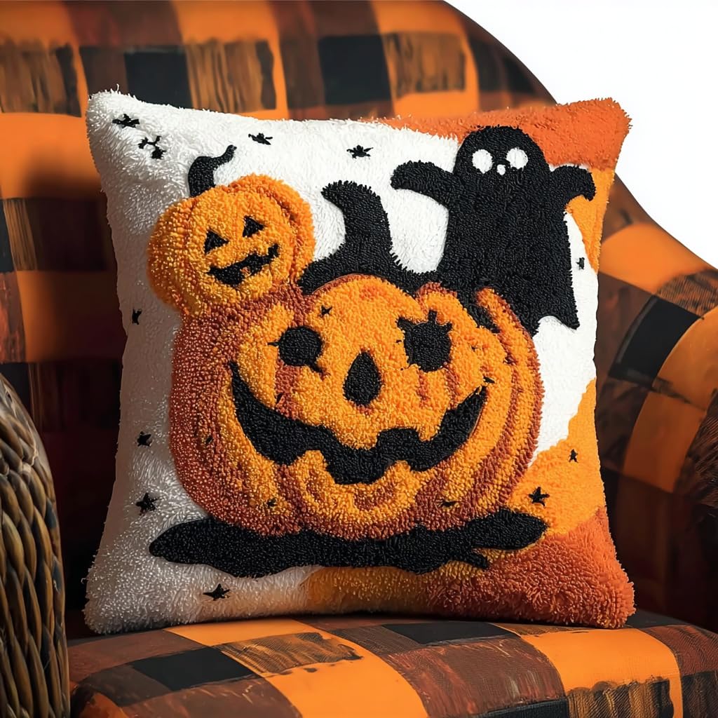 ANSIWEIGO Halloween Theme Latch Hook Pillow Kit 43x43 cm – Beginner-Friendly Craft Kit for Creating Handmade Cushion Covers, Fun Autumn Activity -9