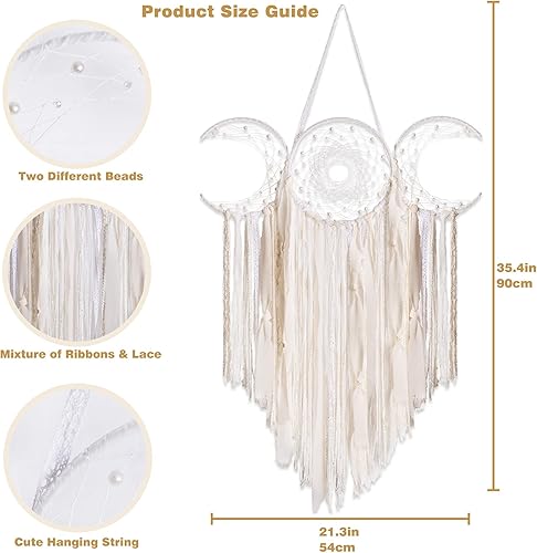 Miniatura 5 de ANROYE Colgante de pared de macramé blanco con triple luna y media luna, atrapasueños bohemio para dormitorio de mujeres, tapiz tejido, regalo de