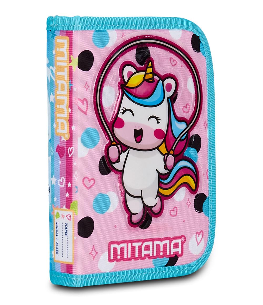 Mitama Spinny Kindergarten Pencil Case, Double-Sided with Double Graphics, Containing Crayons, Marker, Scissors etc.., Blue, Girls, School and Leisure, Azure, Taglia Unica, Kindergarten Pencil Case