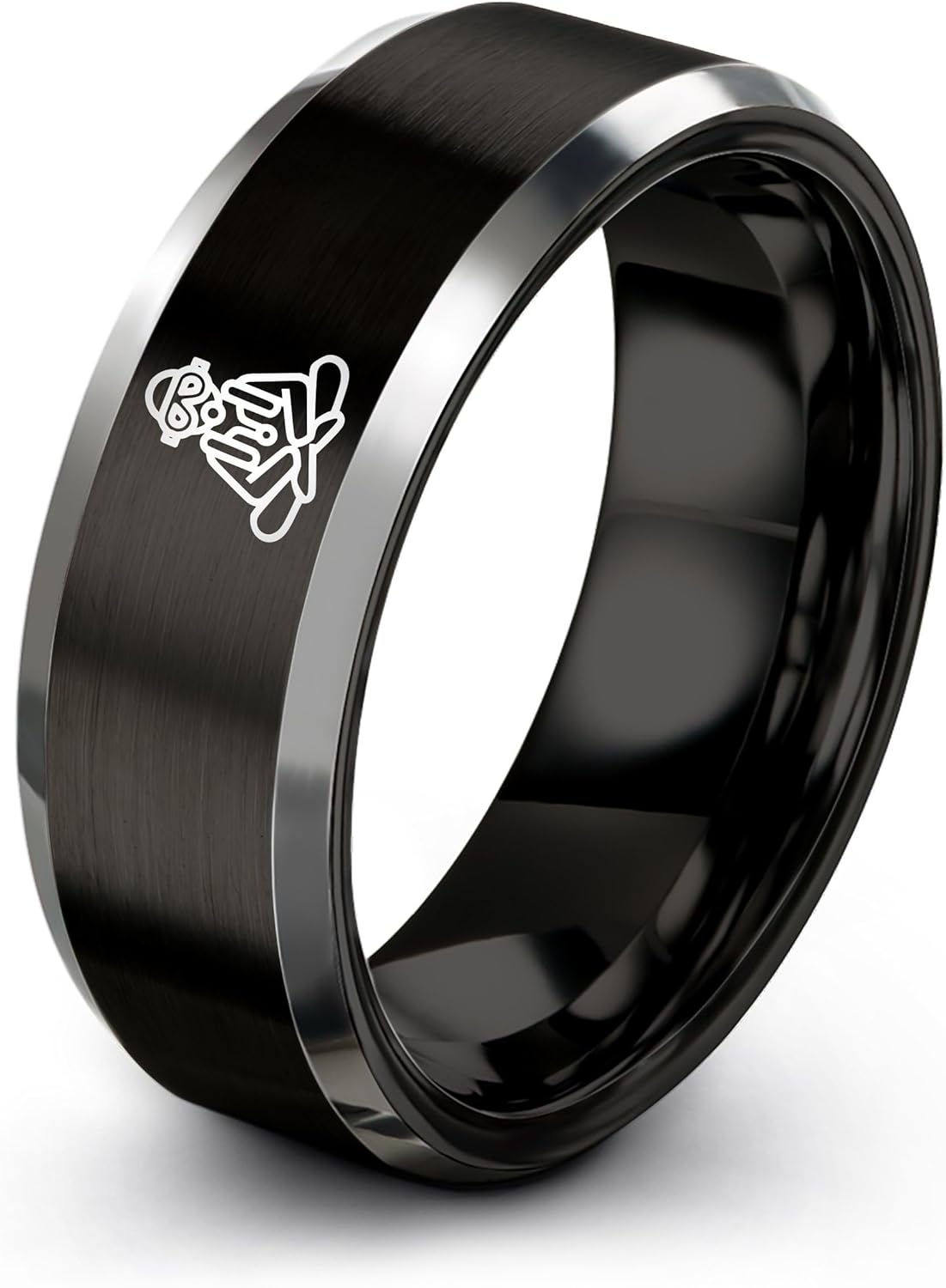 Gift for Scuba Diver Ocean Explorer Dive Fan - Scuba Diver Ring - Men Women - 8mm - Anniversary Wedding - Gunmetal Black Silver Blue - Personalized Custom Engraving - Brushed Polished - Flat Dome Beve