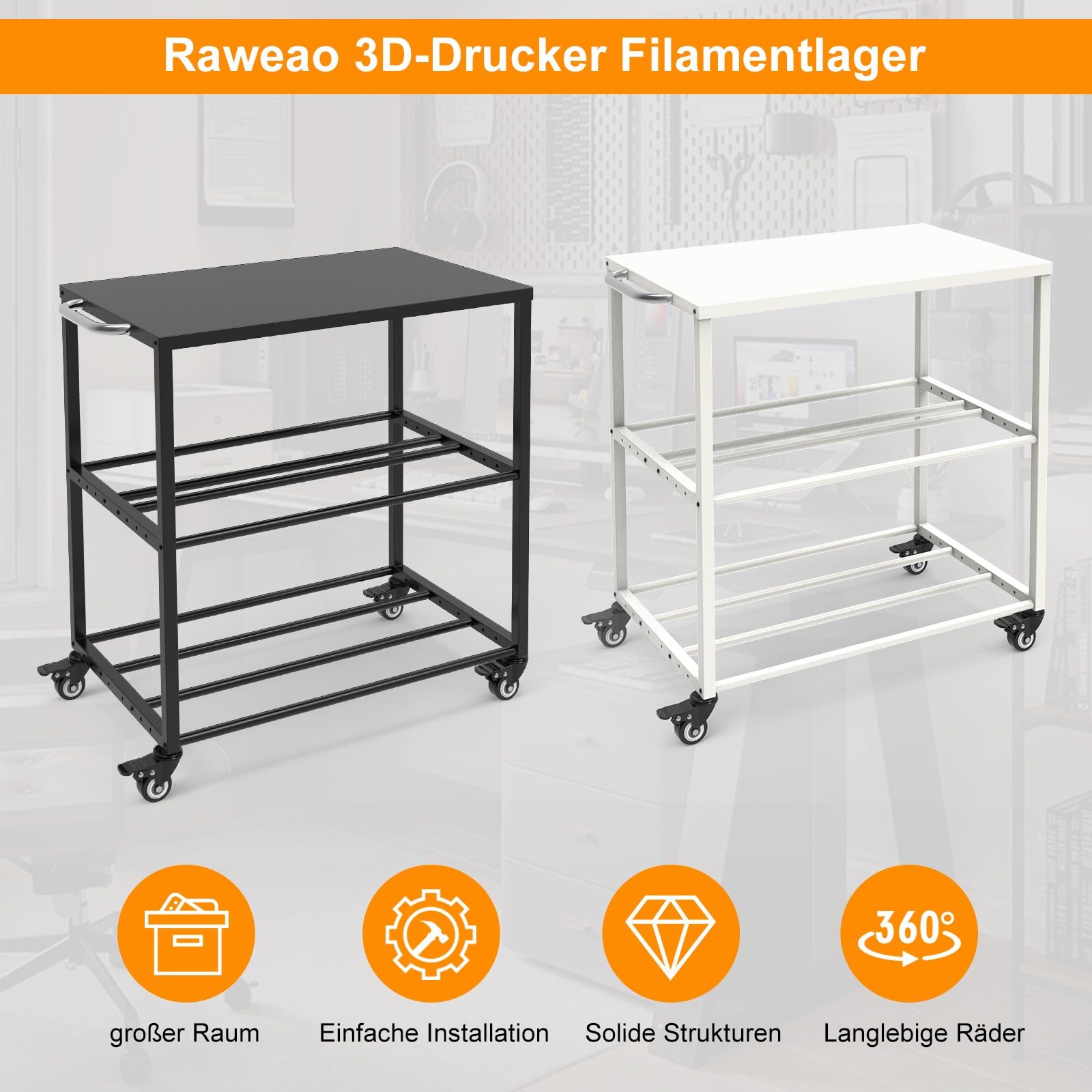 Regał na filament do drukarki 3D, wytrzymały metalowy regał magazynowy z kółkami, rolki filamentowe, regał do PLA/ABS/TPU do przechowywania w domu, biurze, warsztacie (czarny)
