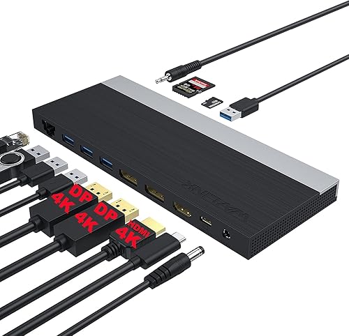WAVLINK Estación de acoplamiento USB C, adaptador tipo C de pantalla triple 13 en 1 (HDMI, 2 DisplayPort, Ethernet, 4 USB 3.0, lector de tarjetas