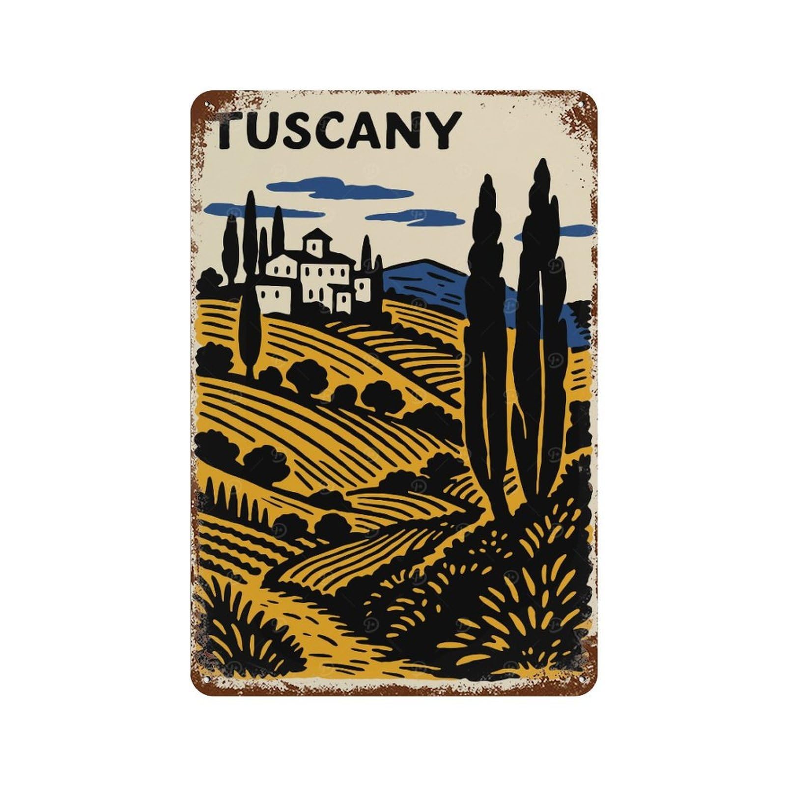 Rustic Tin Plaque with Tuscany Landscape Illustration Design 11.8"x7.9", for Pub, Kitchen And Man Cave Decor, Old School Wall Decor