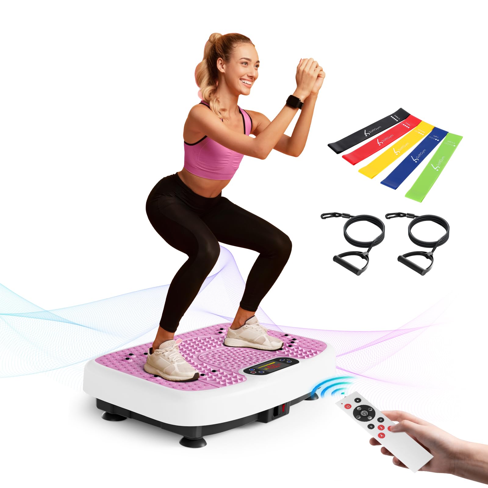 SoftGym Vibration Plate Exercise Machine for Lymphatic Drainage,Power Vibrate Stand Shake Board 450 Lbs Capacity Whole Body Workout Waver with Fitness Resistance Bands Weight Loss Gifts for Women Men