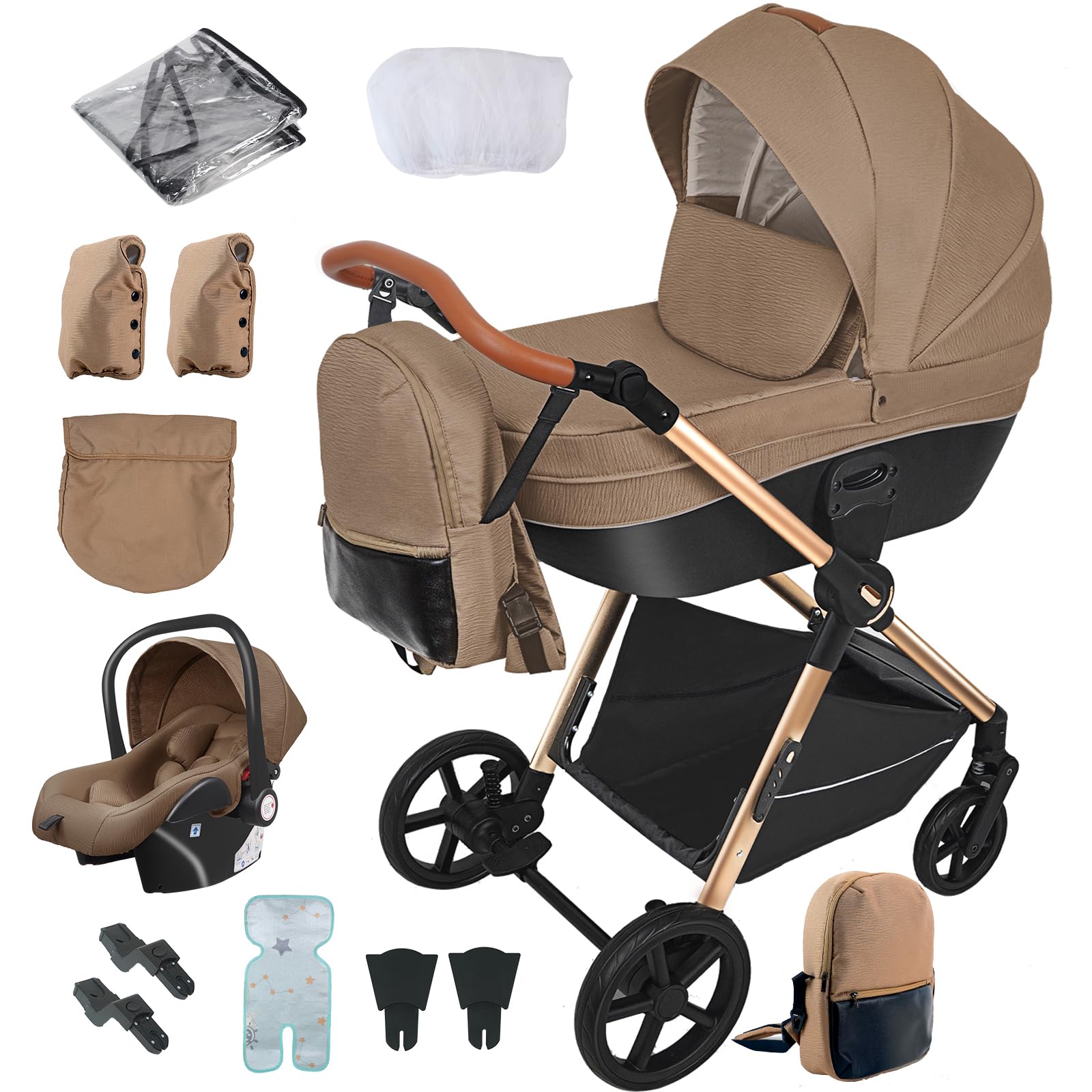 Prokoke Passeggino Trio, Trio Passeggino Neonati con Due Modi Reversibili per Spingere, Passeggino 3 in 1 con Una Lega di Alluminio a Cornice, Trio con Design Pieghevole in Un Clic (H2 Khaki)