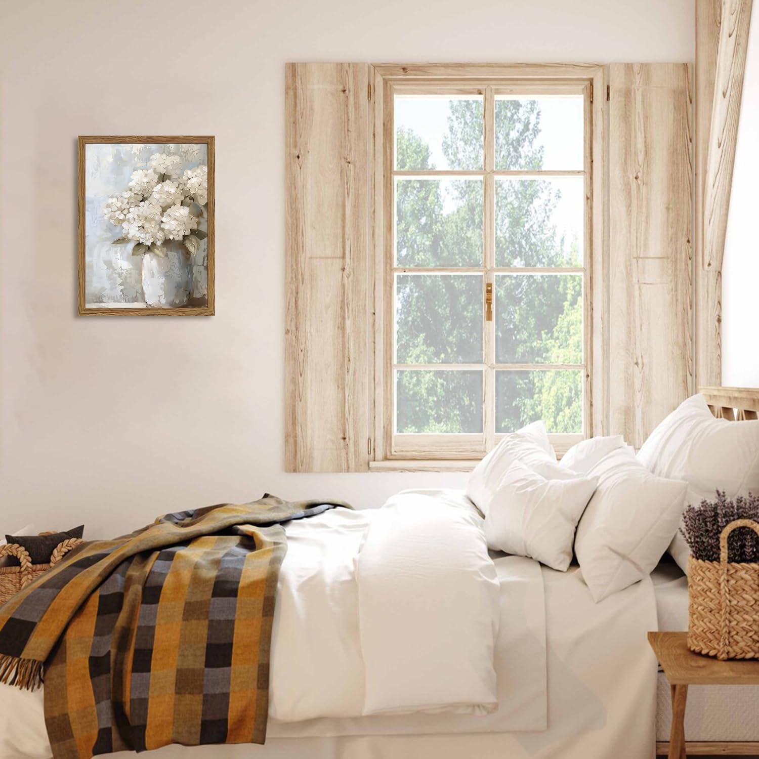 Framed Vintage Canvas Wall Art, White Hydrangea Floral Wall Decor Paintings, Flower Pictures Prints Aesthetic Home Decor for Living Room Bedroom Bathroom Office 16x24 inch