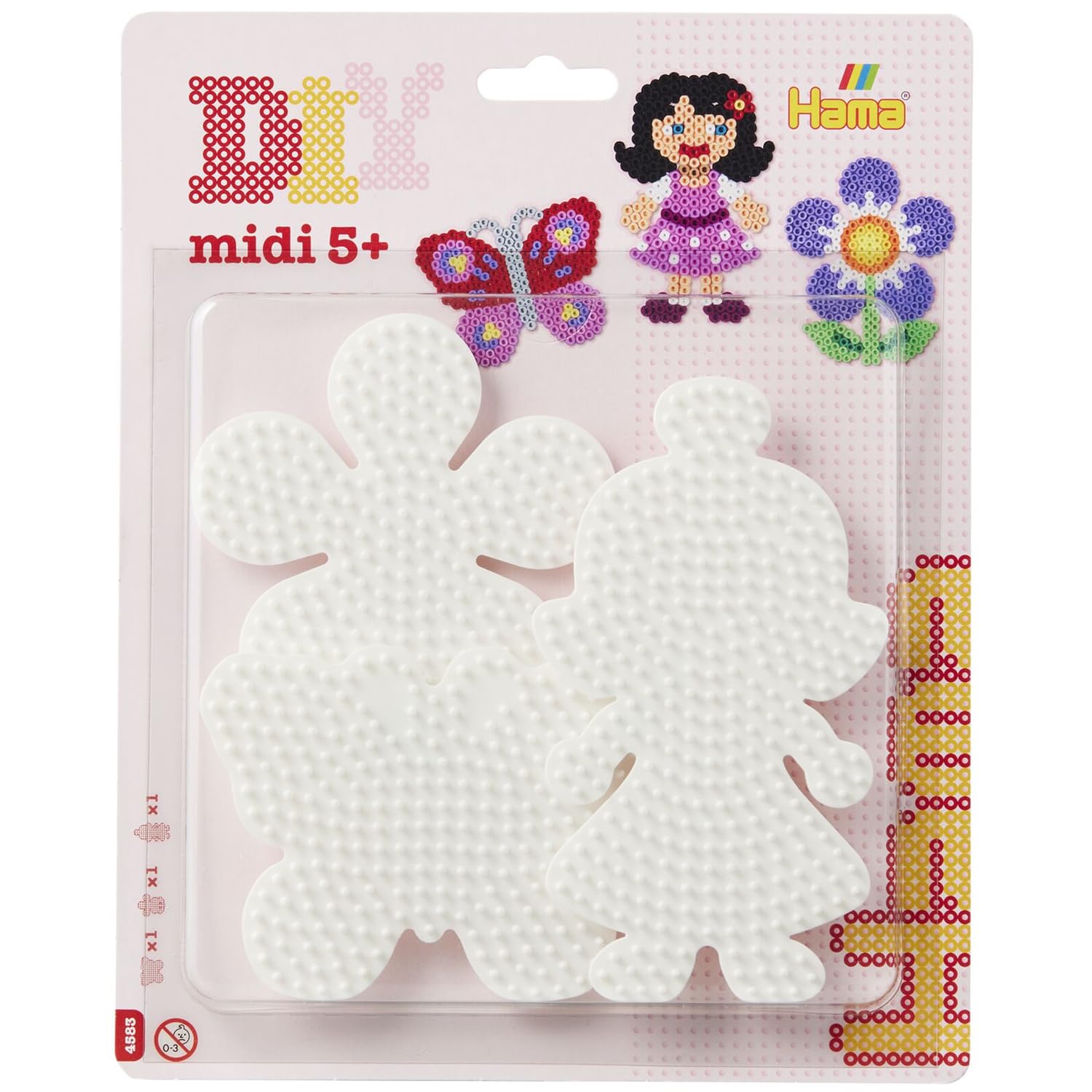 Hama Perlen 4583 Große Stiftplatten 3er Set für Midi Bügelperlen mit Durchmesser 5 mm, Motive Schmetterling, Blume und Puppe in weiß, Bastelspaß für Groß und Klein