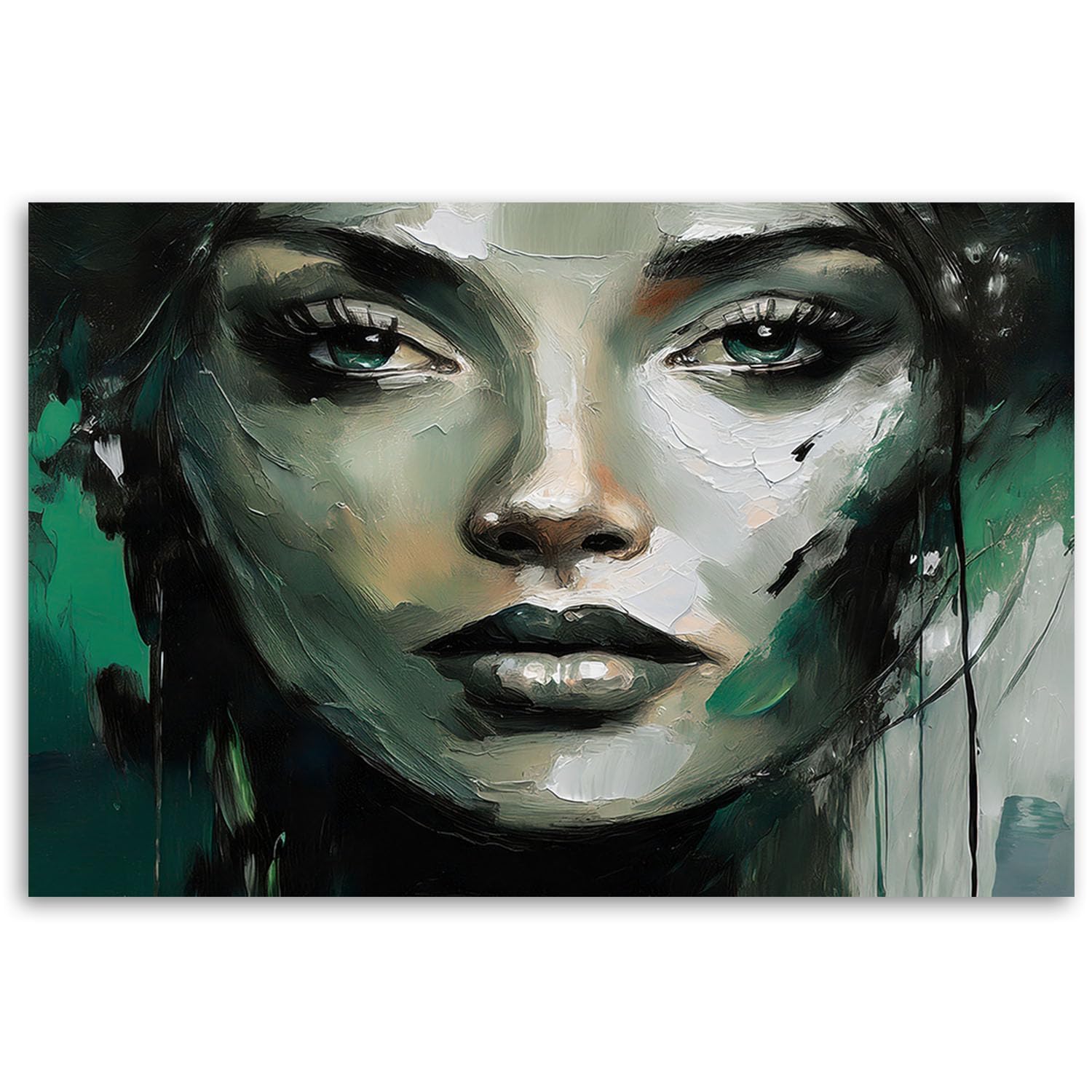 Impresión en lienzo de alta calidad con retrato abstracto de mujer en verde y negro 7