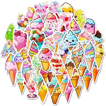 50 Pcs Lovely Ice Cream Stickers Pack Cute Colorful Food Waterproof Vinyl Decal Stickers for Water Bottles Laptop Luggage Cup Skateboard Guitar Journal Scrapbook