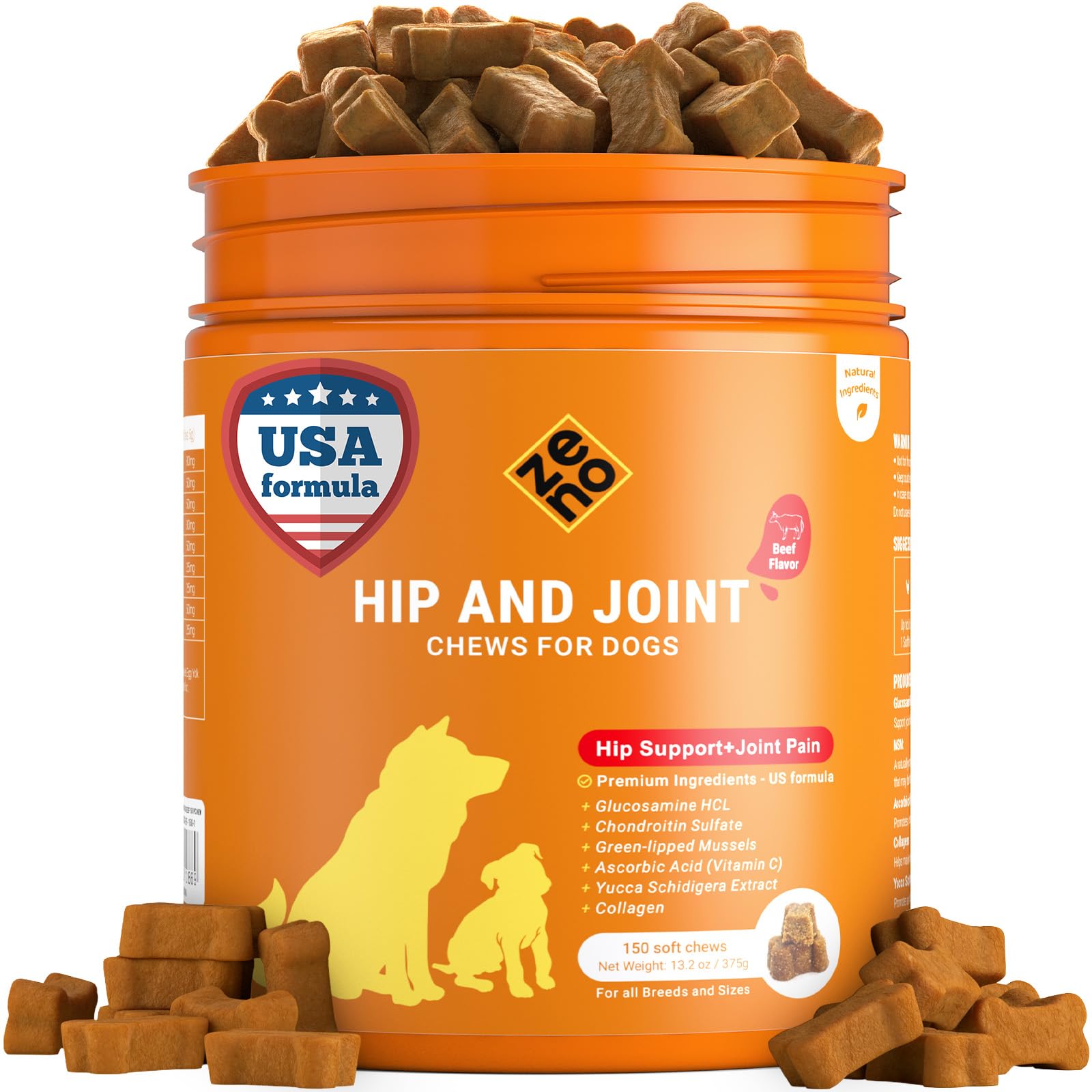 ZENO Glucosamine HCL & Hip and Joint Chews for Dogs - 150 pcs - Advanced Hip and Joint Support for dogs - With MSM & Green Lipped Mussel - Beef