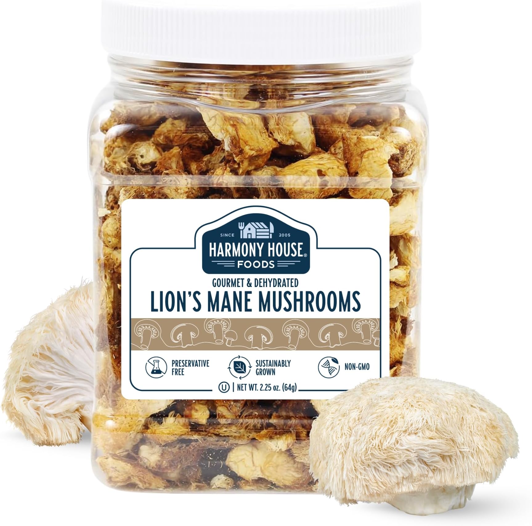 Harmony House Foods Dried Gourmet Lion's Mane Mushrooms (2.25 oz, Quart Size Jar)