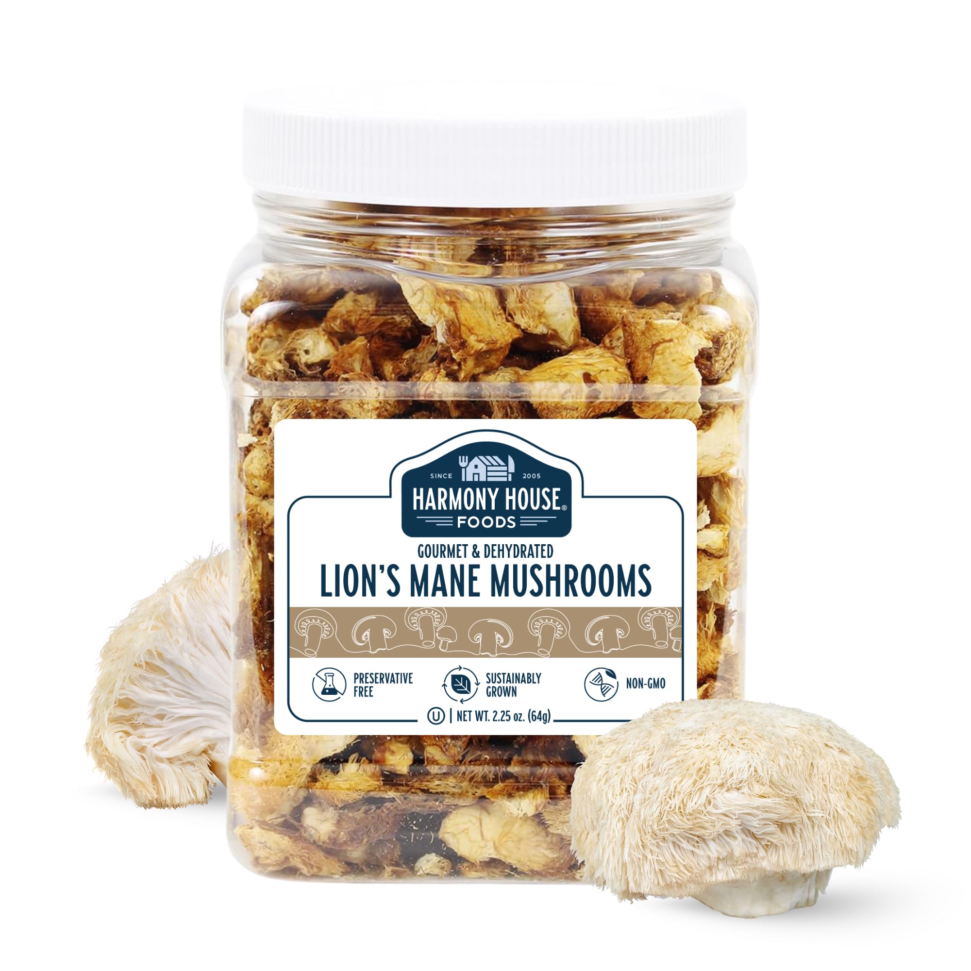 Harmony House Foods Dried Gourmet Lion's Mane Mushrooms (2.25 oz, Quart Size Jar)