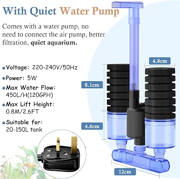 Aquarium Sponge Filter with Water Pump, Quiet Electric Biochemical Filter, with 4pcs Filter Sponge and Ceramic Balls, for up to 150Litres Fish Tank, Turtle Tank, Shrimp Tank