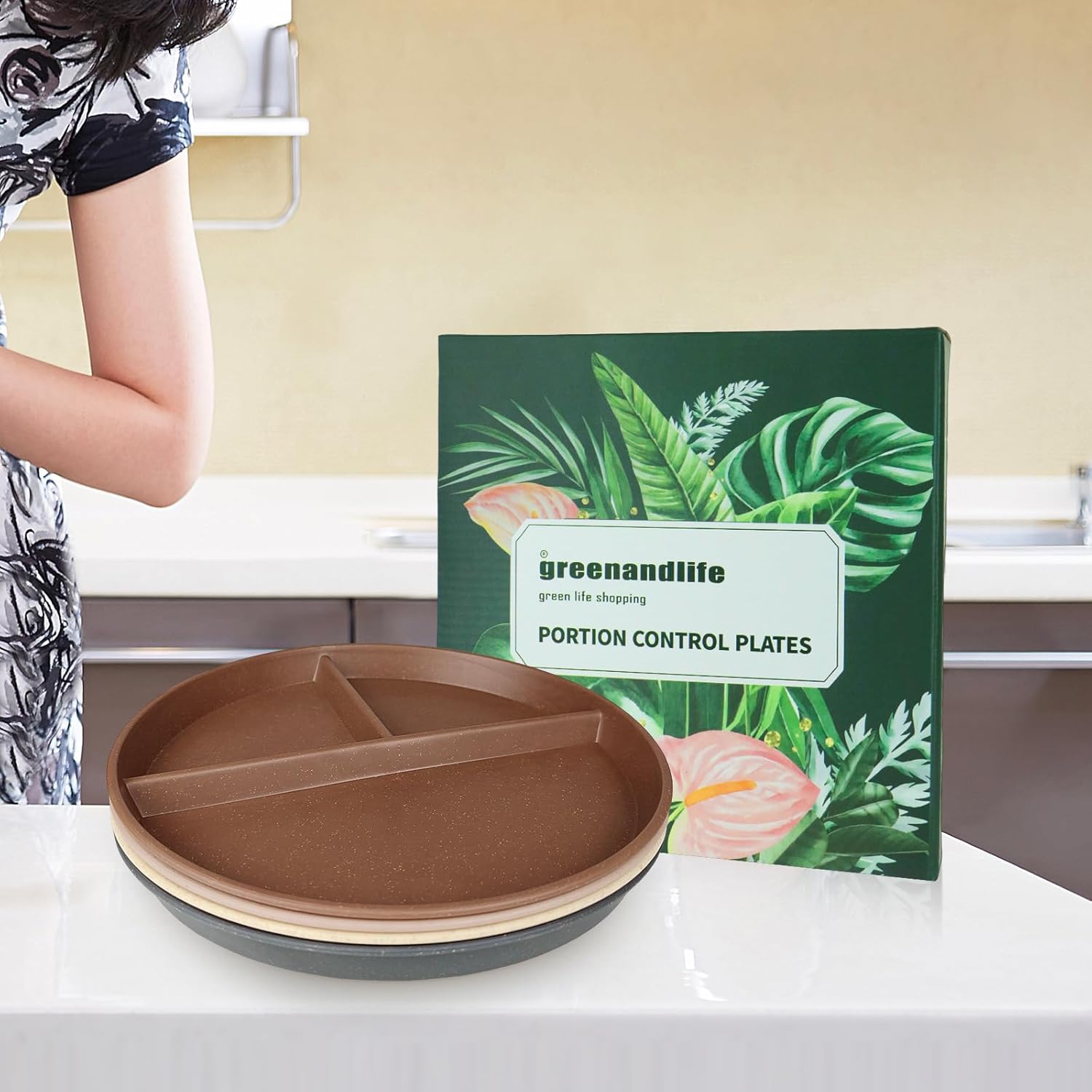 greenandlife 9 Inch 4PCS Unbreakable Portion Control Plates, Divided Plates for Kids Adults, Dishwasher & Microwave Safe Compartment Plate, Lightweight Reusable Wheat Straw Plate, BPA Free - Image 6