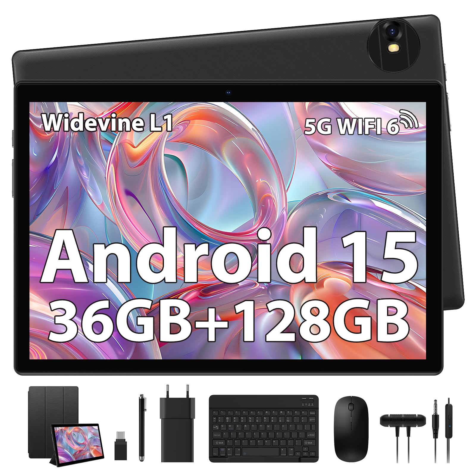 Tablette 10 Pouces Android 15 avec 36Go RAM 128Go ROM WiFi 6, 5G+2.4G WiFi, Octa-Core, 8000mAh, Widevine L3, BT 5.0, Tablette Tactile avec Clavier Souris Etui - Noir