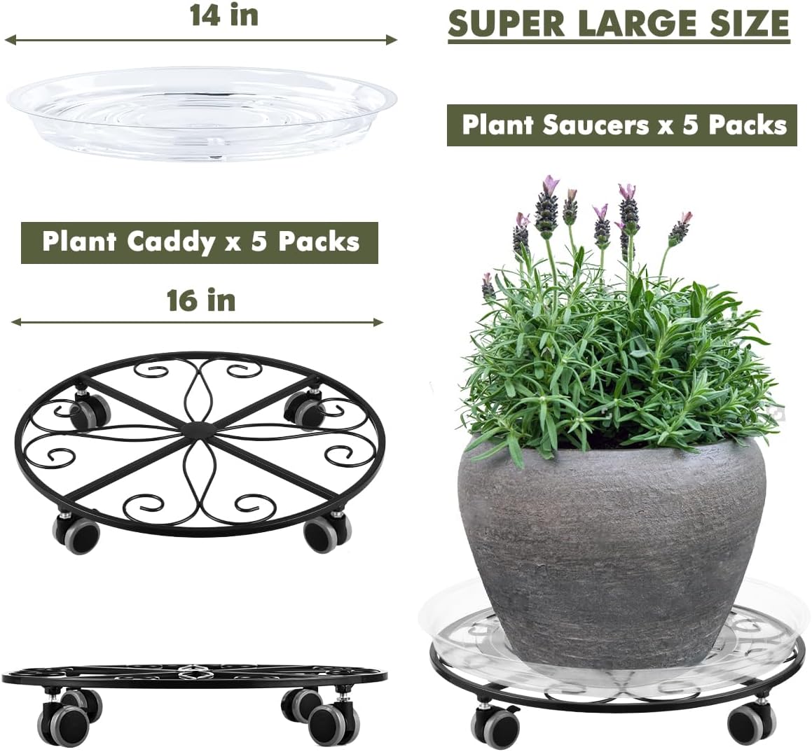 5 Pack Plant Caddy with Wheels Heavy Duty 16 Inch Large Metal Plant Stand with Wheels Plant dolly Rolling Plant Stand Plant Roller with Casters for Indoor and Outdoor with 5 Pack Plant Saucers, Black