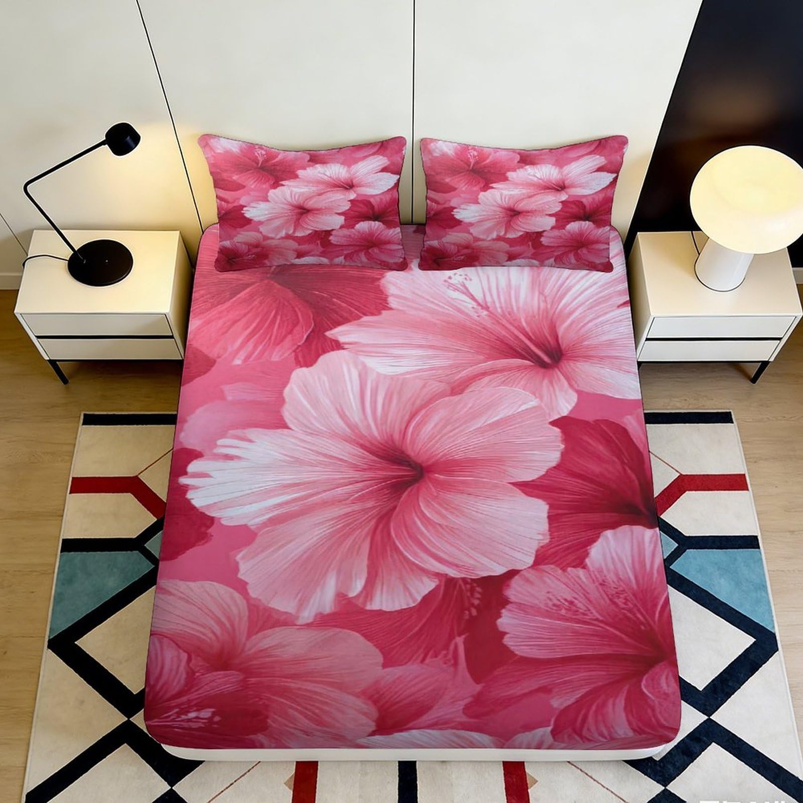 3D Printed Pink Hibiscus Fitted Sheet Microfiber Soft Floral Blossom Bed Cover for Bedroom Guest Room Dorm Decor Mattress Protection 90x200x25cm