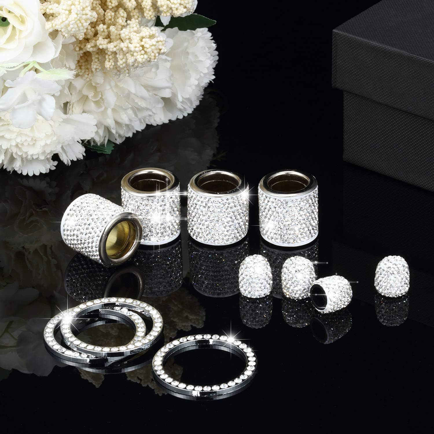 11 Pieces Bling Car ccessory Car Bling Valve Stem Caps Car Headrest Collars Rhinestone Car Crystal Collar Rings Auto Engine Start Stop Accessories for Car Headrest Head Rest Collars (Silver)