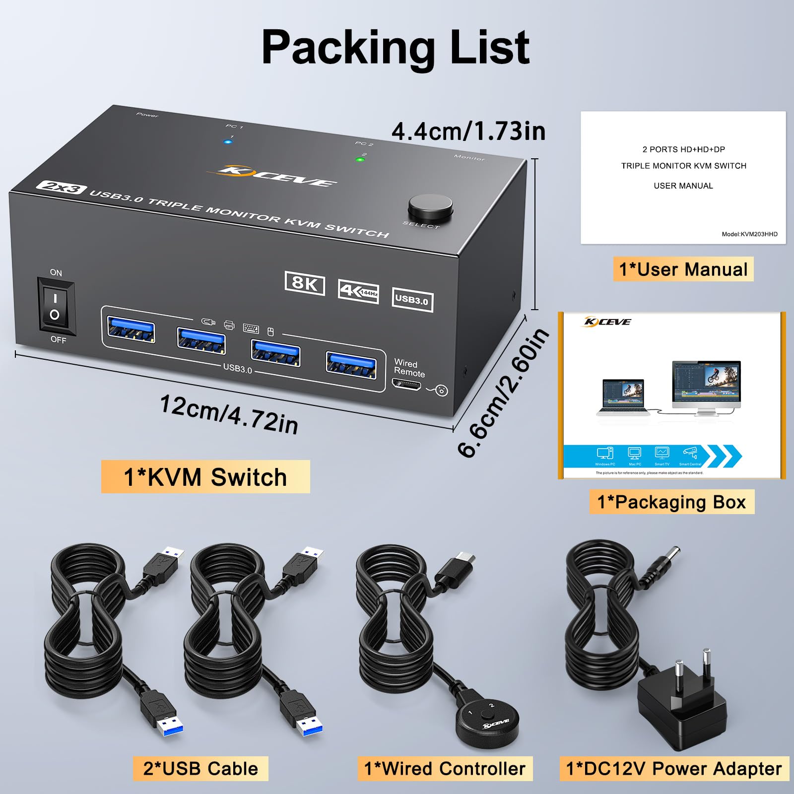 KVM Switch 2 PC 3 monitory 8K 60 Hz 4K 144 Hz, potrójne monitory, 2 HDMI + DisplayPort, przełączniki KVM z 4 portami USB 3.0, przewodowym pilotem zdalnego sterowania i 2 kablami USB