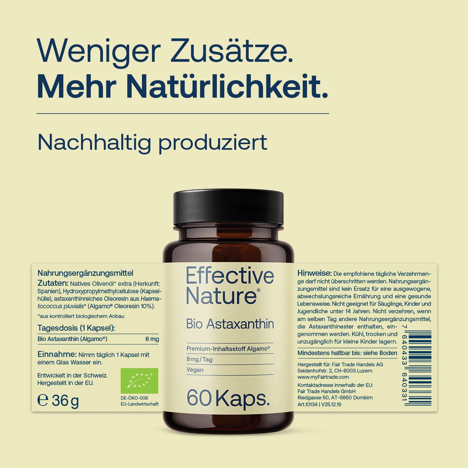 Effective Nature Bio Astaxanthin 8 mg pro Kapsel – aus der Grünalge Haematococcus pluvialis – mit Bio-Olivenöl - vegan