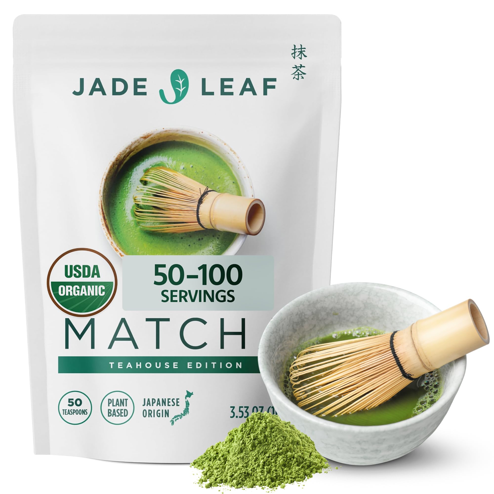 Jade Leaf Matcha Organic Ceremonial Grade Matcha Green Tea Powder - 100% Pure Japanese First Harvent Green Tea for Ceremonies, Usucha, Lattes 100g / 3.53 Ounce Pouch (Pack of 1)