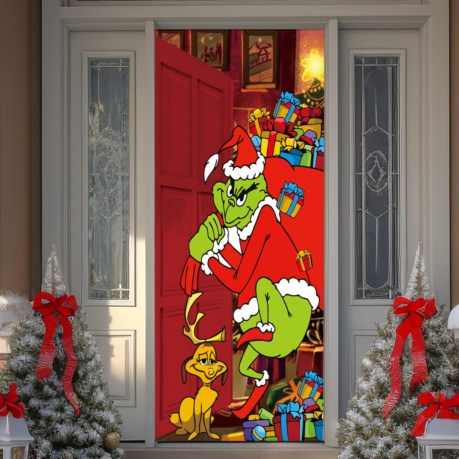 Green Christmas Door Cover Decorations, 71×35In Green Doll Door Banner Photography Porch Sign with Stealing Gifts for Xmas Outdoor Home Decor (Green Red-Cartoon Bag)
