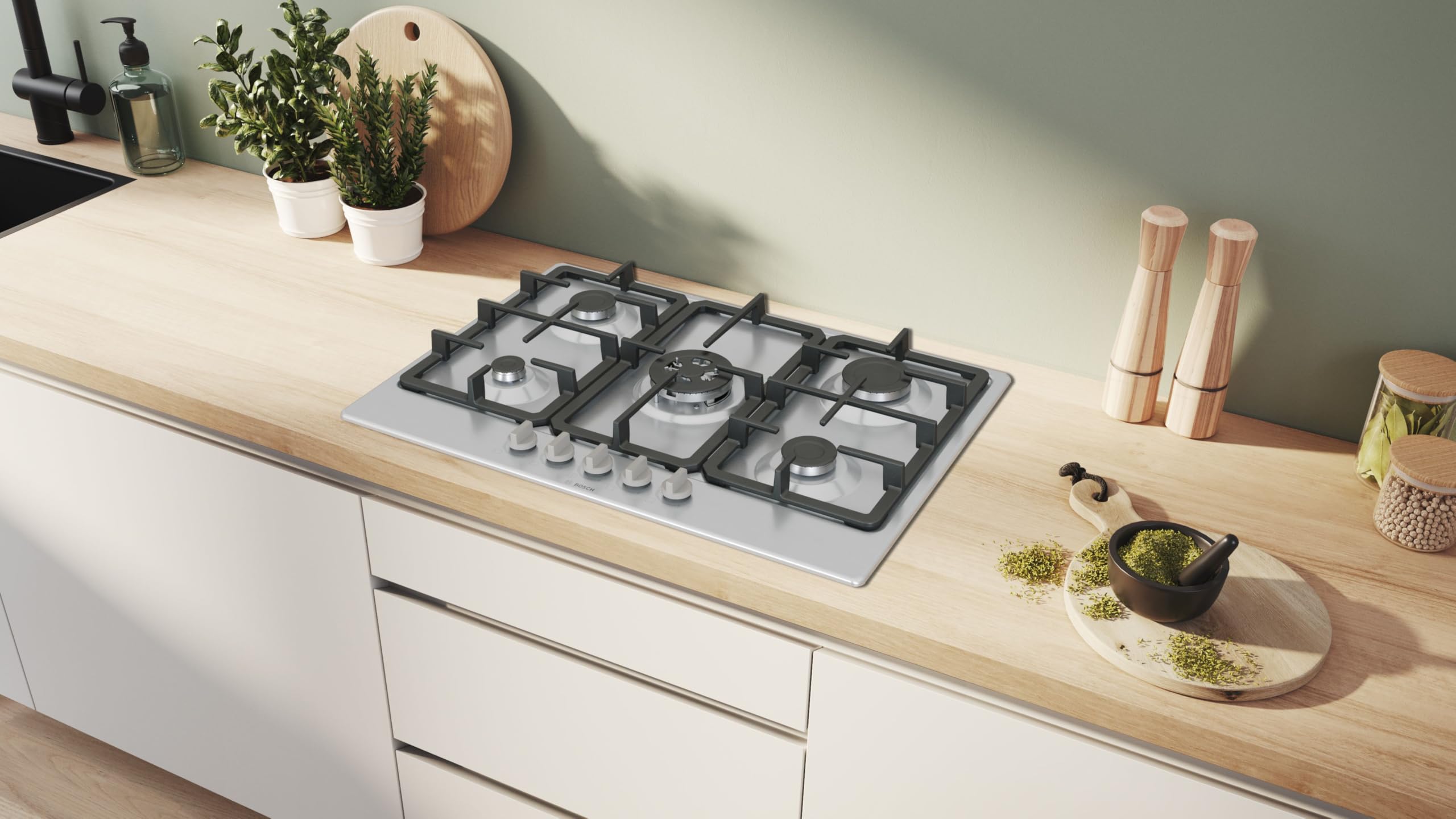 Piano Cottura A Gas - Bosch Serie 4 - 5 Fuochi - 52 X 75 X 4,5 Cm - Pgq7b5k90 - Acciaio Inox | Cocina de gas con control preciso de la llama, parrillas aptas para lavavajillas, wok, fabricado en Europa