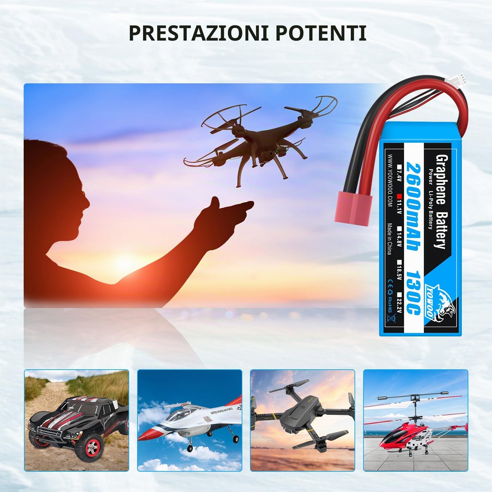 Yowoo 2 Pack Batteria Grafene Lipo 3s 11.1V 130C 2600mAh Lipo con Deans Plug per Easy-Pro Glider PZ P-47 Addiction X 3D Plane Large Park Volantini E flite RC Aereo Elicottero Auto Camion Barca Drone
